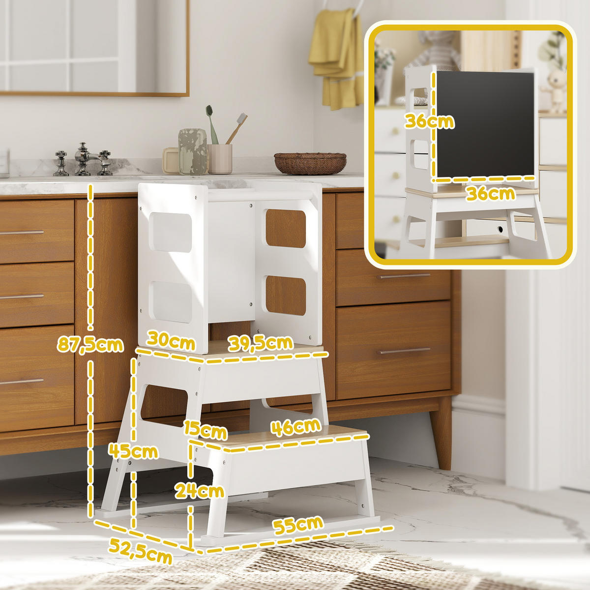 LERNTURM DE-17253 mit Tafel & trapezförmiger Sicherheitsstruktur Weiß - Weiß, Naturmaterialien (52.5/87.5/55cm) - ComfortXL