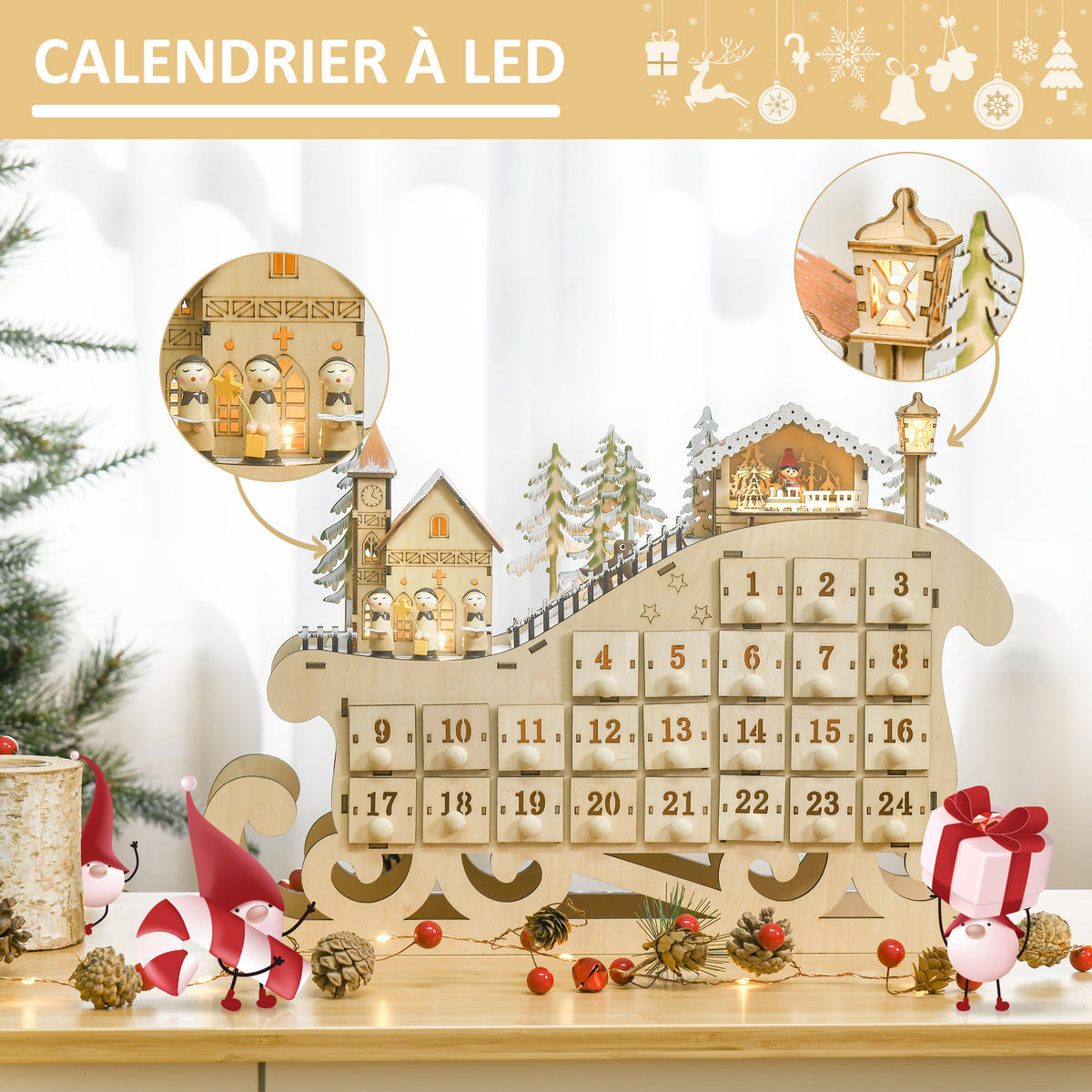 BELEUCHTETER Adventskalender aus Holz in Schlittenform Naturfarben 10.0/45.0/31.0 cm - Naturfarben, Holz (10/31/45cm)