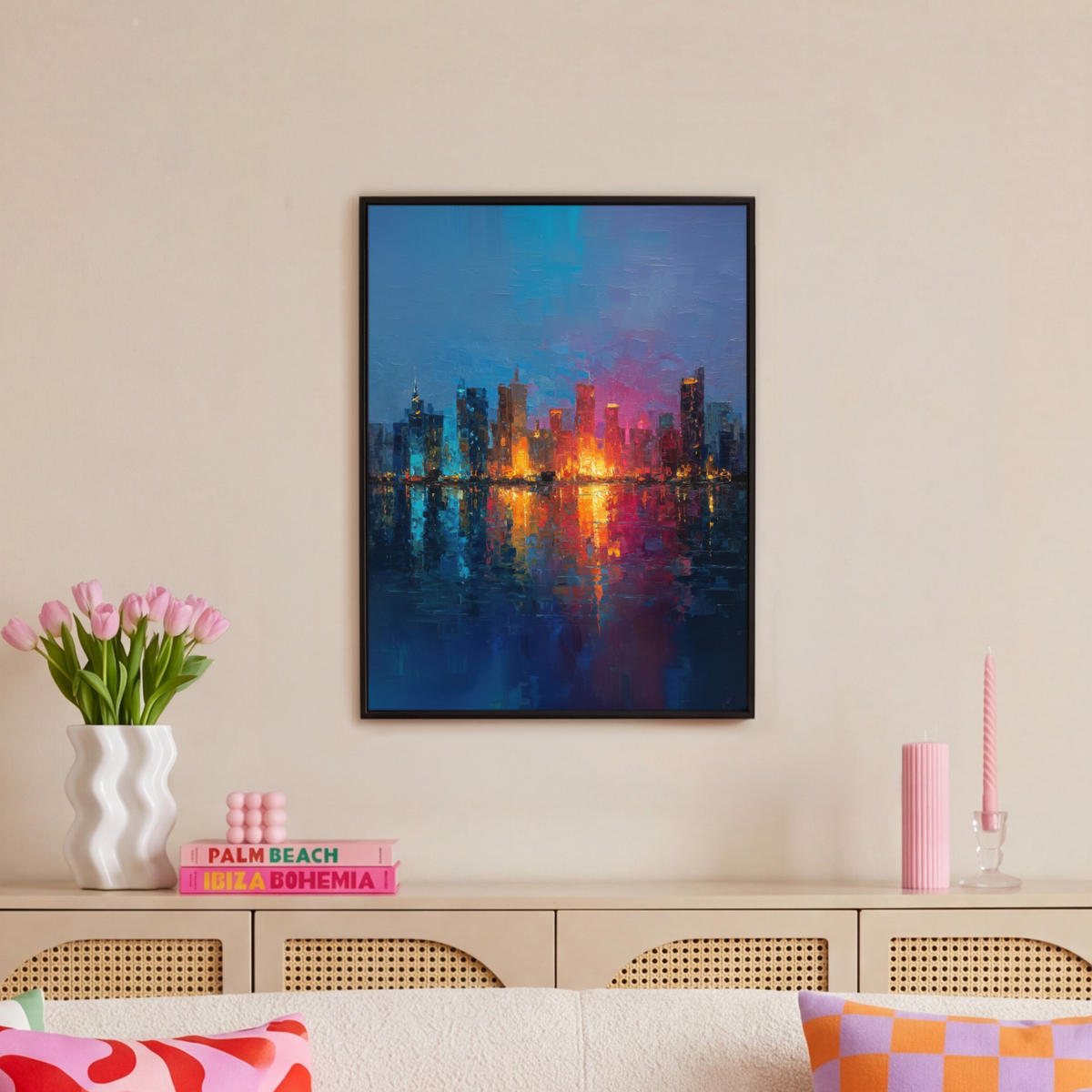 LEINWAND Bilder mit Rahmen - Skyline - Pinselstriche - Dunkelblau - Leuchtend - 50x70 - Blau, Textil (50/70cm) - MuchoWow