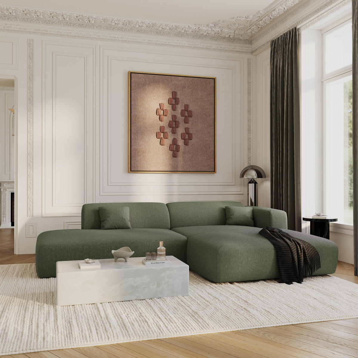 ECKSOFA RECHTS Rastergewebe Olivgrün 310cm - Olivgrün, Textil (300/96cm) - Sia Home