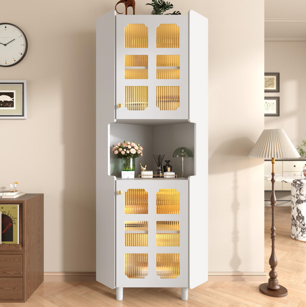LED-ECKSPEICHERSCHRANK 63.5x17x157.5 cm Weiß aus Spanplatte mit App-LED & 3-Zonen-Storage - Weiß, Holzwerkstoff (63.5/157.5/17cm) - Modfu