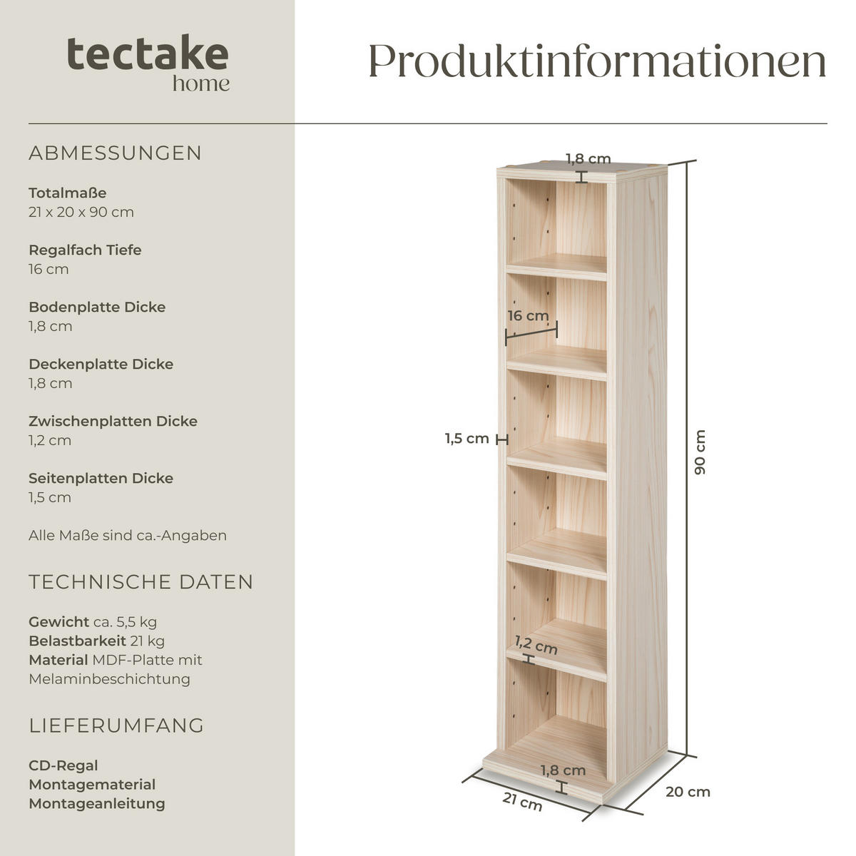 CD/DVD Regal Juliane,90 x 21 x 20 cm,buche - Buchefarben, Holz (21/90/20cm) - tectake