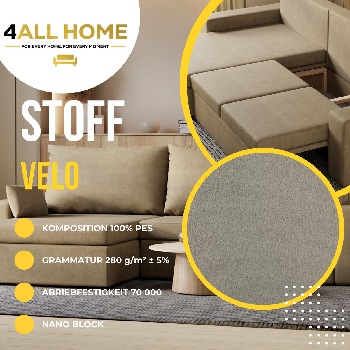 ECKSOFA Paco mit Bettkasten und Schlaffunktion, L-Form/XL-Form, Velourstoff, Universal - Cappuccino, Holzwerkstoff (276/145cm) - 4ALL HOME