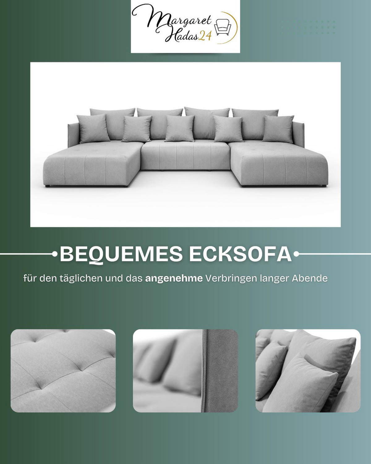 WOHNLANDSCHAFT Hanna in U-Form 348 x 188cm Schlaffunktion Bettkasten, 5 Sitzer, Schlafsofa, hellgrau - Hellgrau, Kunststoff (348/93/188cm) - Margaret Hadas24