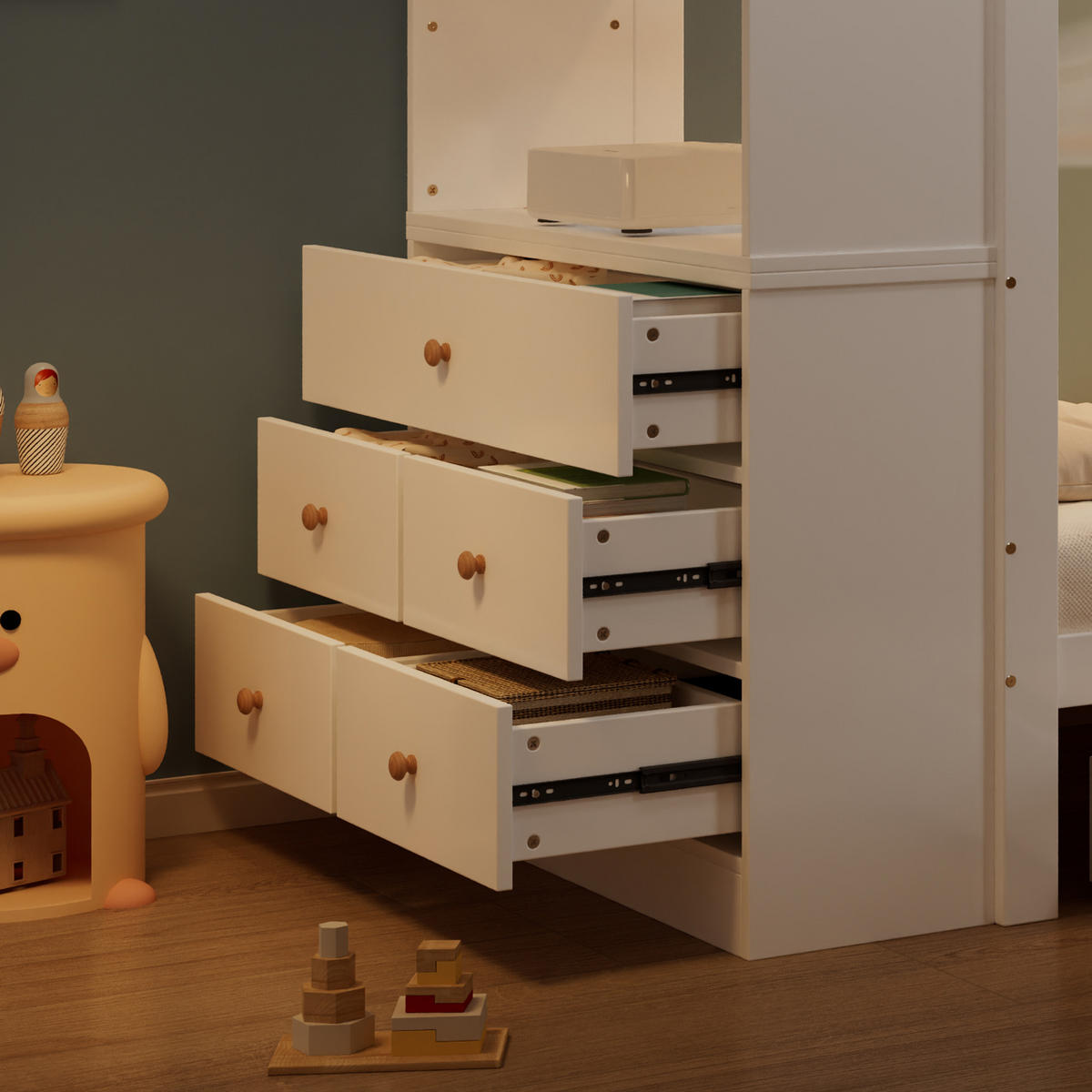 KINDERBETT 90/200 cm in Weiß mit 5 Schubladen, Stauraum und Fallschutz - Weiß/Naturfarben, Holzwerkstoff (90/200cm) - STILVORA