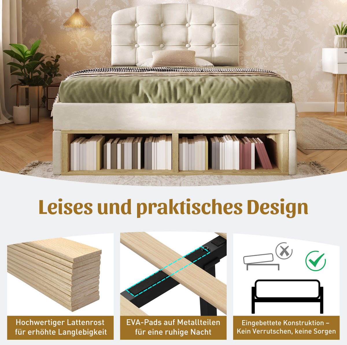 POLSTERBETT 90x200 cm in Beige mit Schubladen, Stauraum und verstellbarem Kopfteil - Beige, Textil (90/200cm) - IVMEU