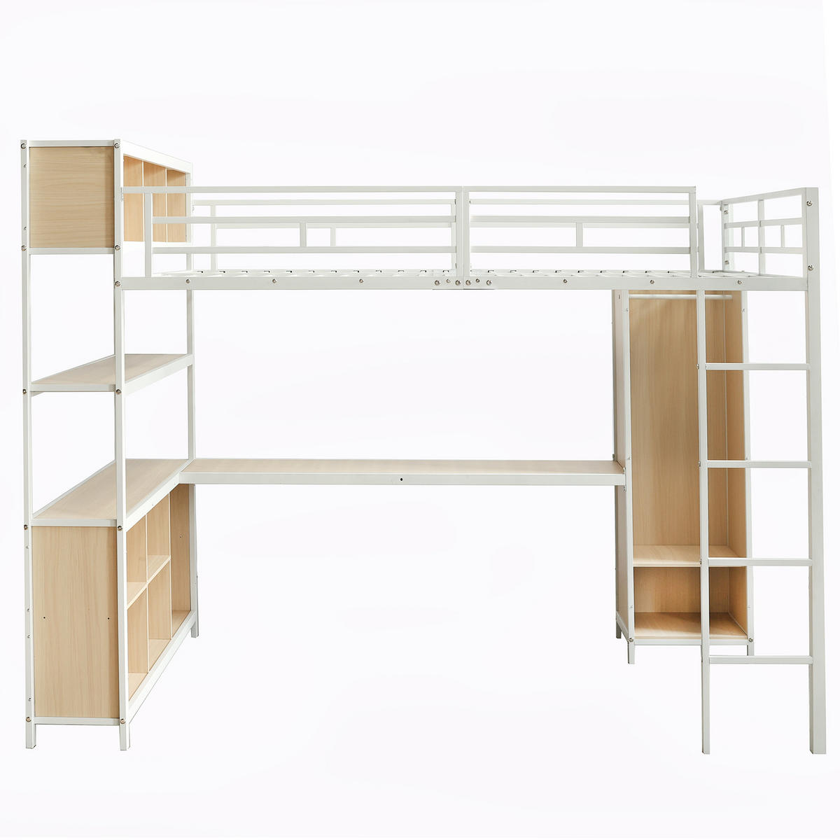 HOCHBETT 140/200 cm DE-02275, in Weiß/Natur, mit Stauraum, Kleiderschrank und Schreibtisch - Weiß, Holzwerkstoff/Metall (140/200cm) - ComfortXL