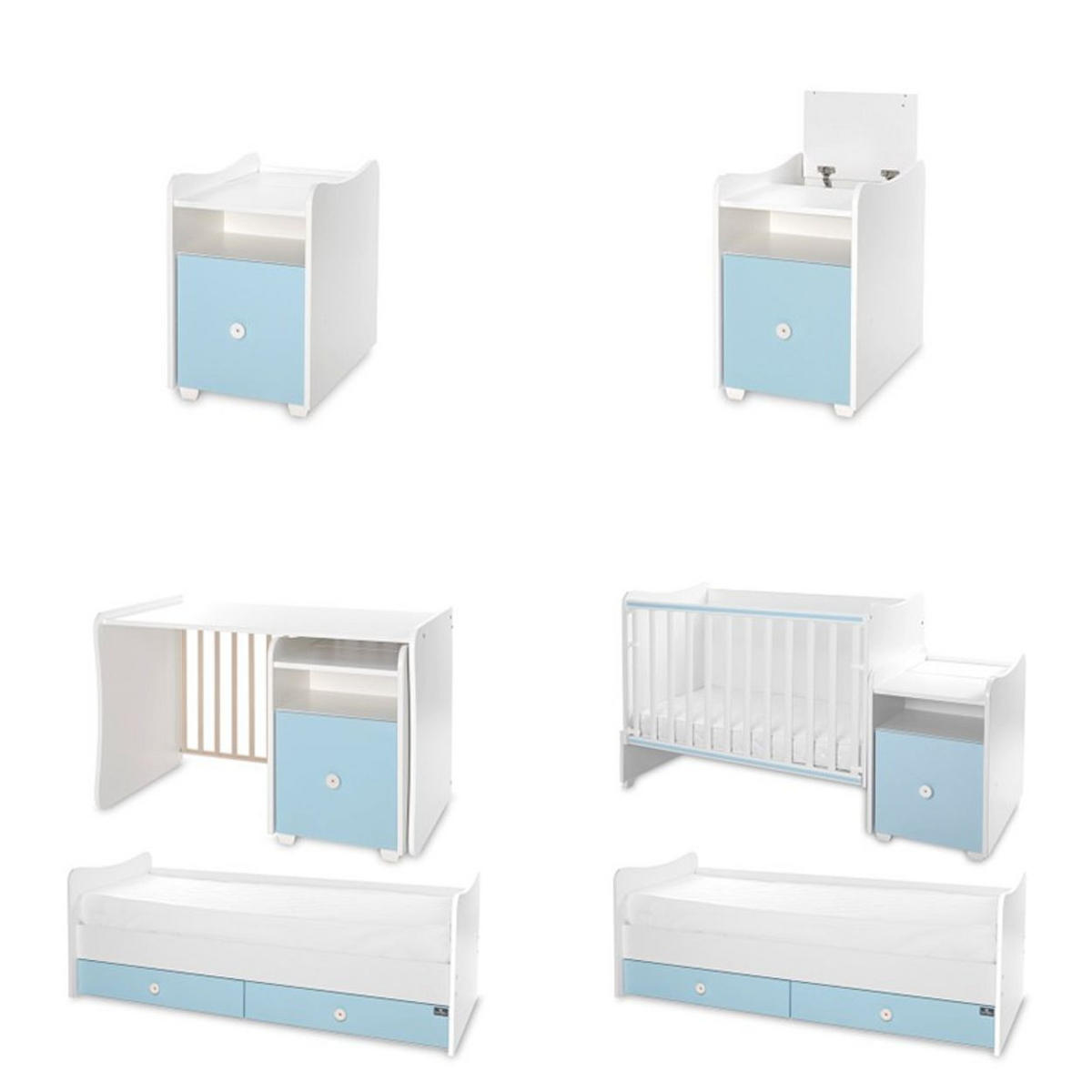 BABYBETT Trend Plus weiß blau 110 x 62 cm, 70 x 160 cm, Schaukelfunktion, Kommode, Schubladen - Blau, Holzwerkstoff (62/110cm) - Lorelli