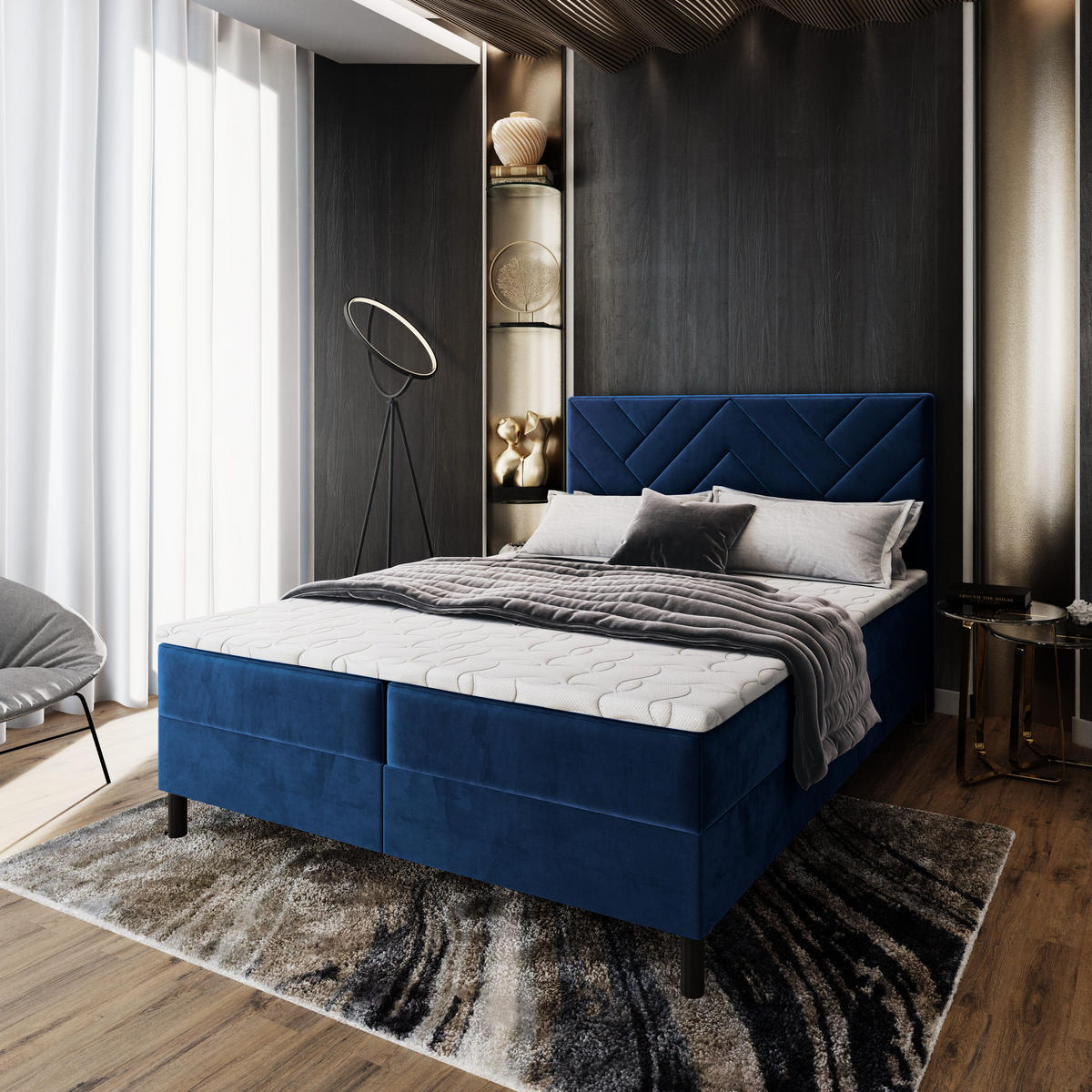BOXBETT ROKIS 160x200 cm mit Matratze und Topper - Blau - Blau, Holz (160/200cm) - MASSENO