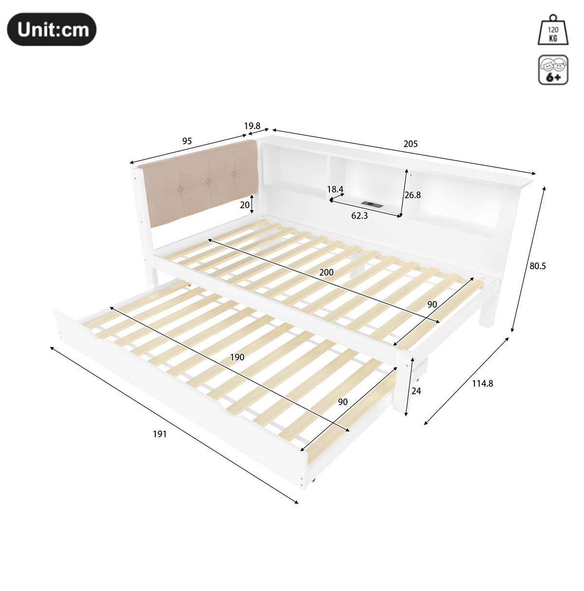 POLSTERBETT 90/200 cm in Weiß mit LED-Beleuchtung und USB-Anschluss - Weiß, Holz (90/200cm) - Flora Grace
