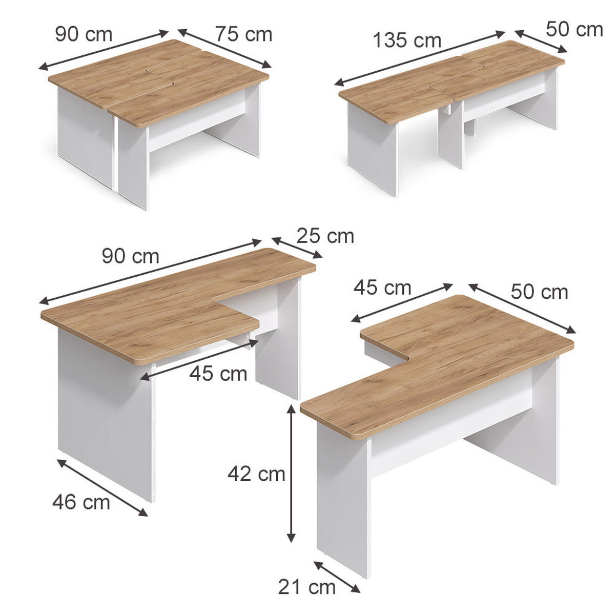 COUCHTISCH-SET Duvo, Goldkraft Eiche/Weiß, 135 x 50 cm 2er Set - Honigeiche/Weiß, Holzwerkstoff (50/135/42cm) - Vicco