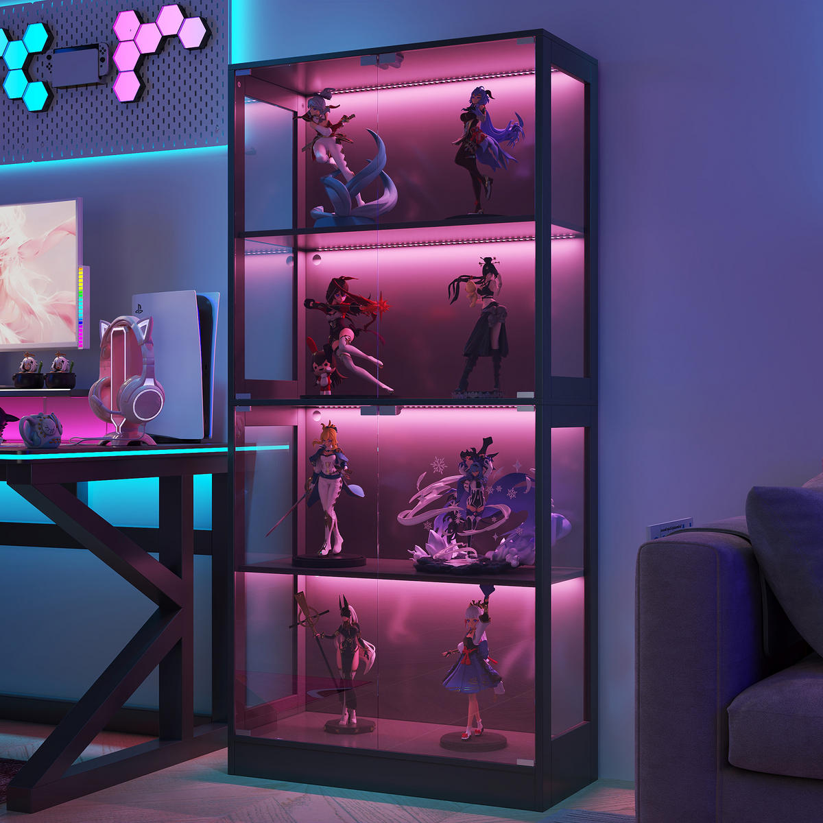 VITRINE mit LED-Beleuchtung, 4 Ebenen, Glasfront, Push-to-Open Türen 80/35/170 cm - Transparent/Schwarz, Glas/Holzwerkstoff (80/170/35cm) - EVRYAE
