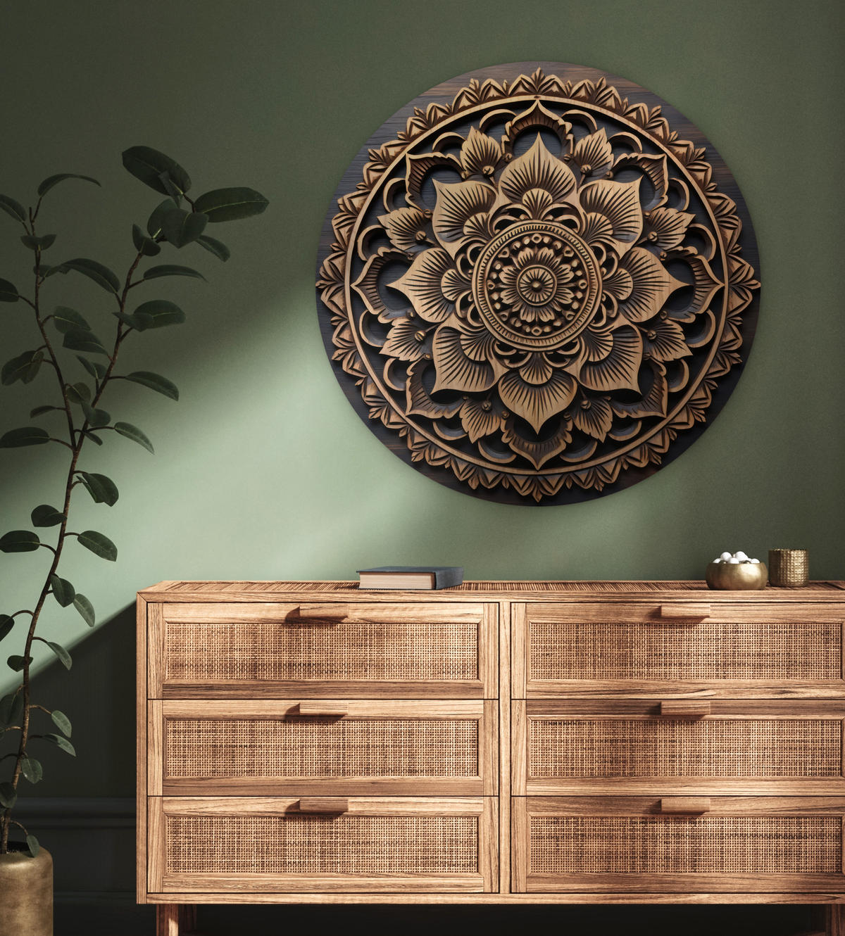 WANDBILD Mandala - Holz - Blumen - Braun 90x90 cm - Gelb, Kunststoff (90/90cm) - MuchoWow