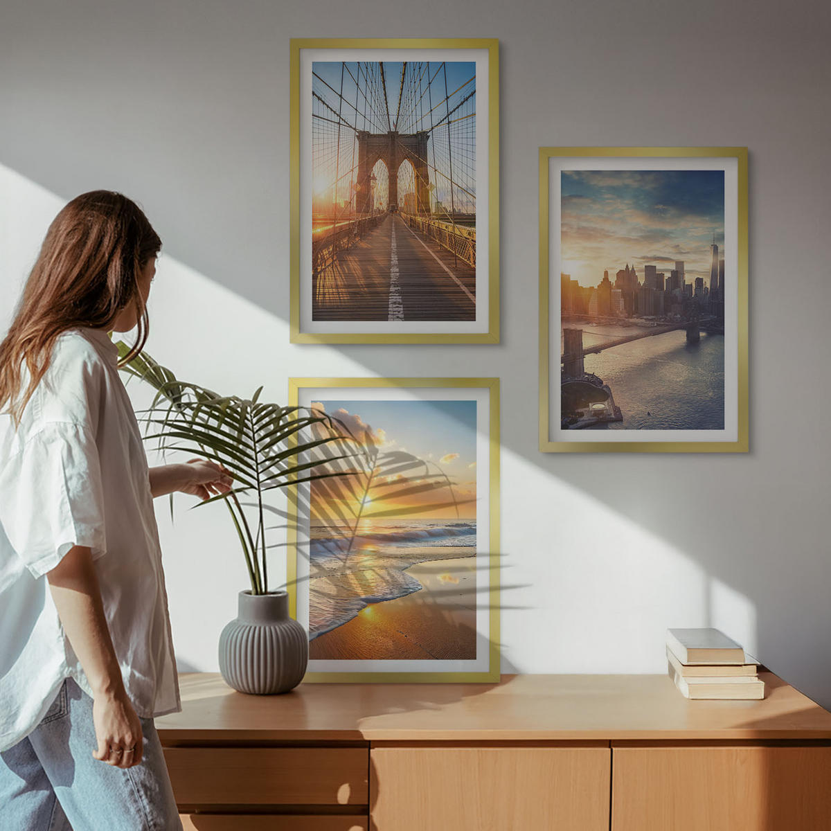 BILDER SET 3er Set - 40x60 cm Goldrahmen - Brücken, Sonnenuntergänge, Stadt - Goldfarben, Kunststoff (40/60cm) - TULUP