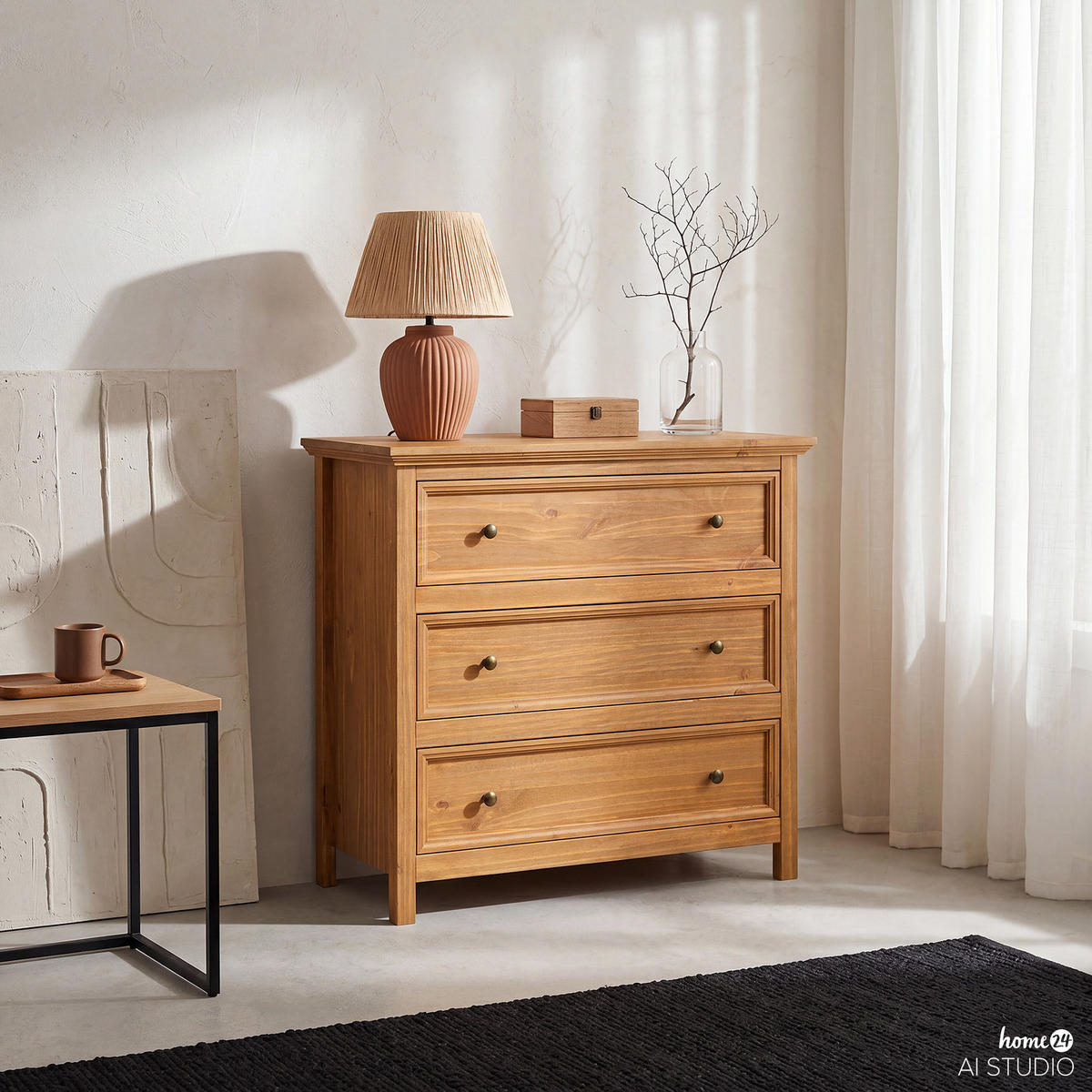 MASSIVE KOMMODE - Massivholz - Natur - Braun/Kieferfarben, Holz/Metall (96/89/42cm) - home24