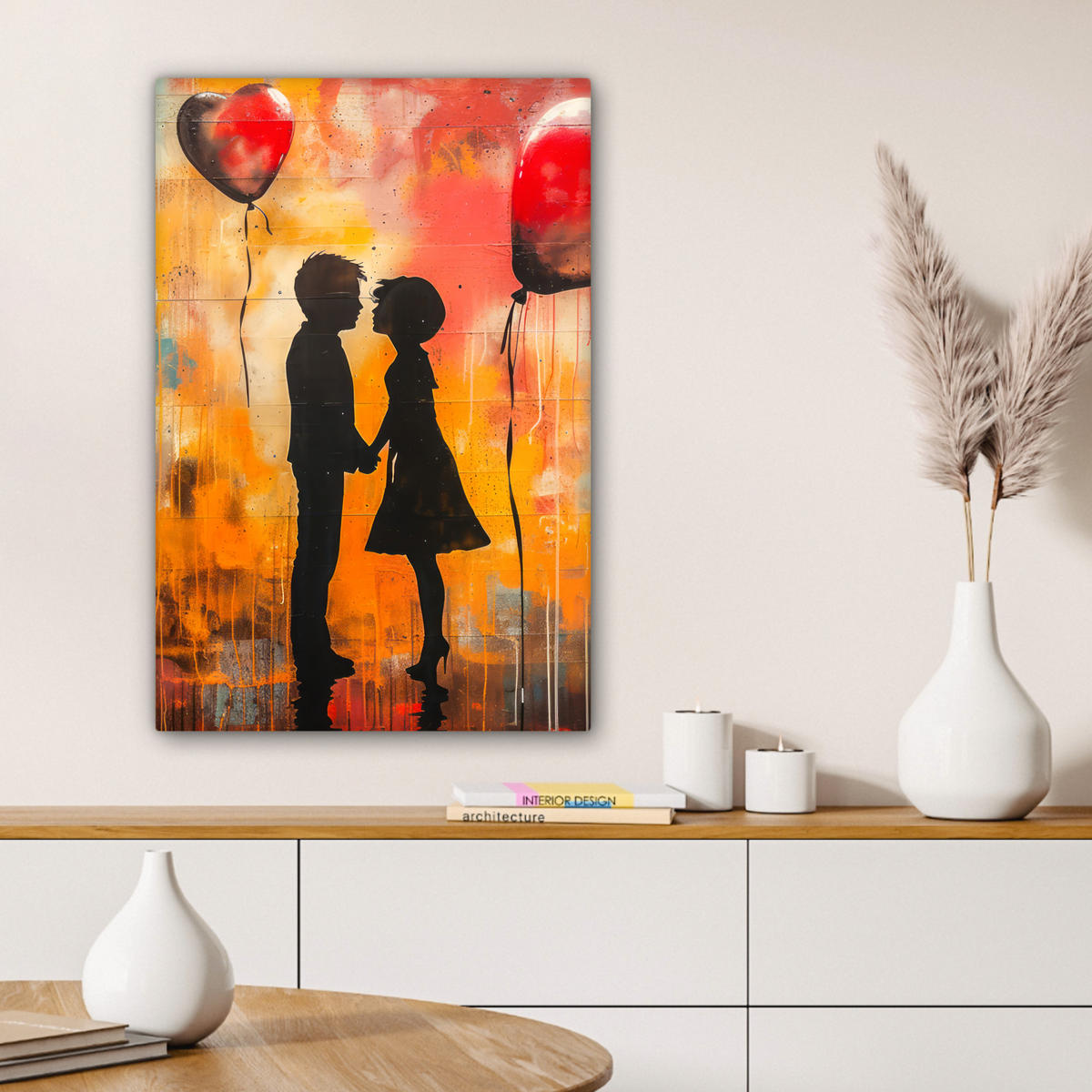 LEINWANDBILD Straßenkunst - Liebe - Graffiti - Kunst - Banksy Wanddeko Schlafzimmer 60x90 cm - Orange, Textil (60/90cm) - MuchoWow