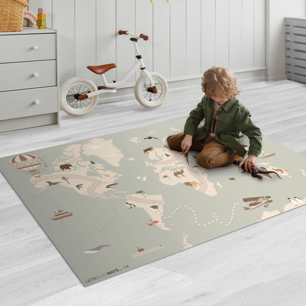 KINDERTEPPICH Weltkarte - Tiere - Flugzeug - Kind - Heißluftballon 135x90 cm - Multicolor, Kunststoff (135/90cm) - MuchoWow