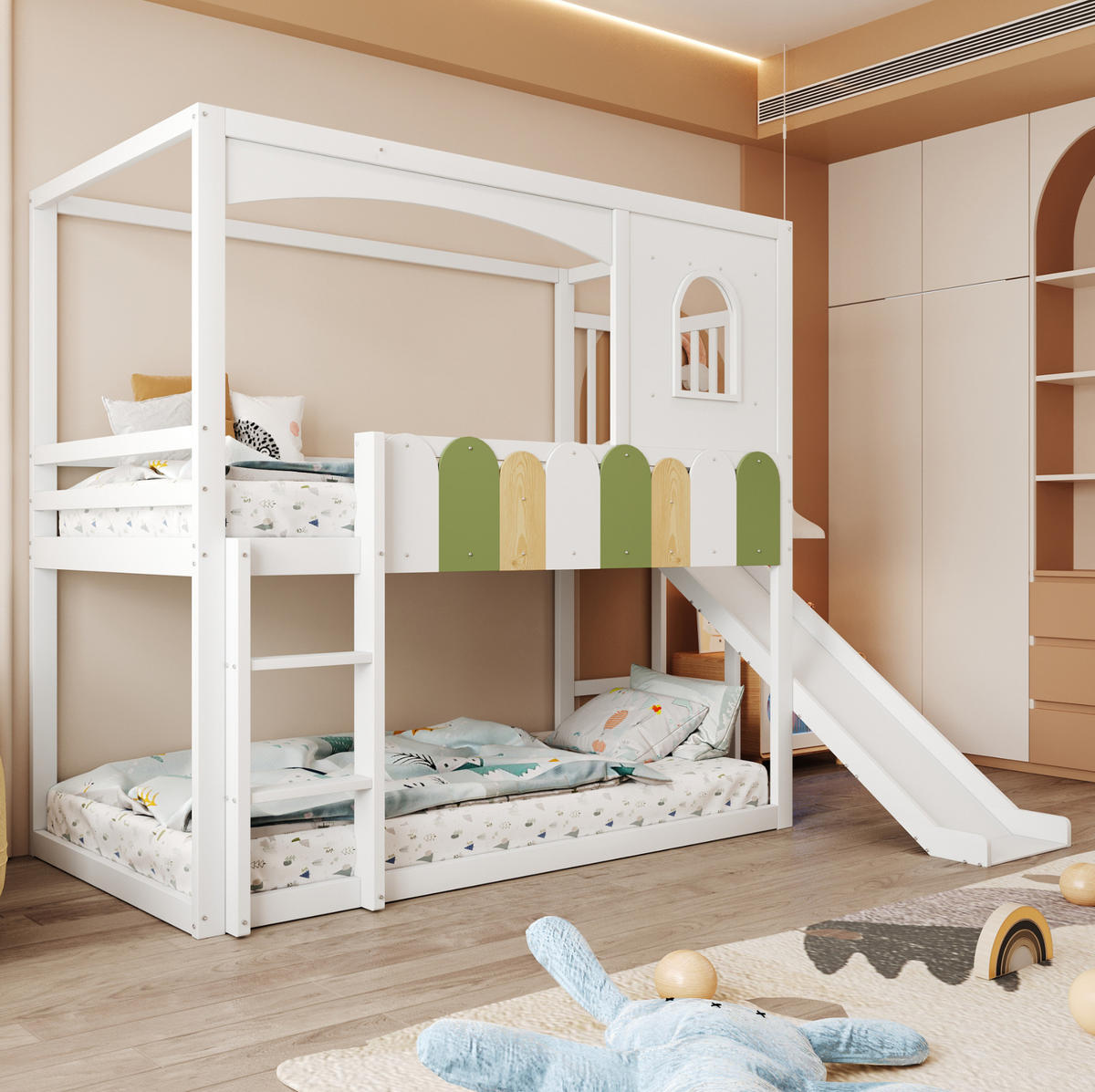 PATROVÁ postel 90/200 cm bílá z borovice, překližky a MDF s domečkem, skluzavkou a žebříkem - bílá, kompozitní dřevo (90/200cm) - OKWISH