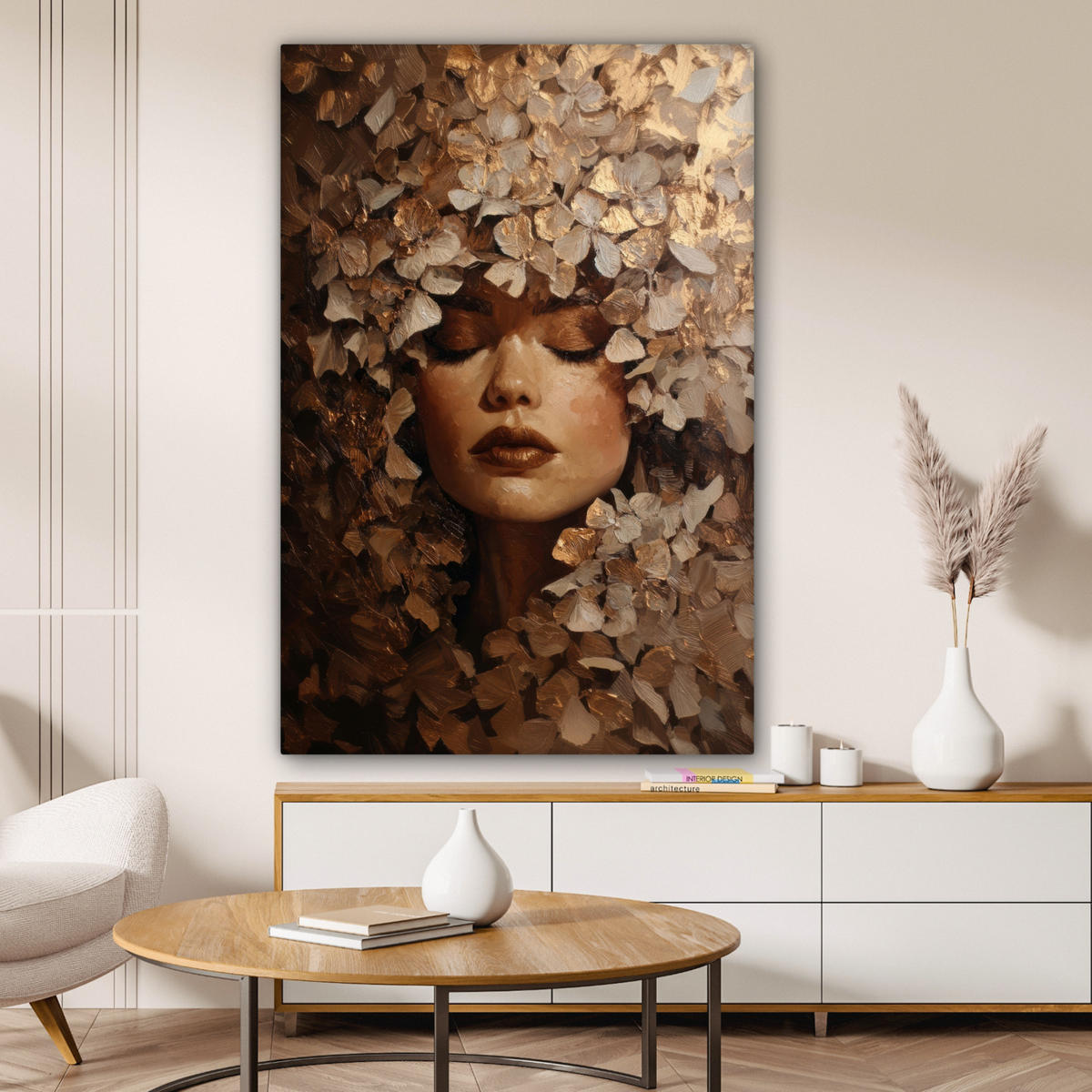 LEINWANDBILD Gesicht - Dame - Blätter - Pinselstriche Deko Groß 90x140 cm - Goldfarben, Textil (90/140cm) - MuchoWow