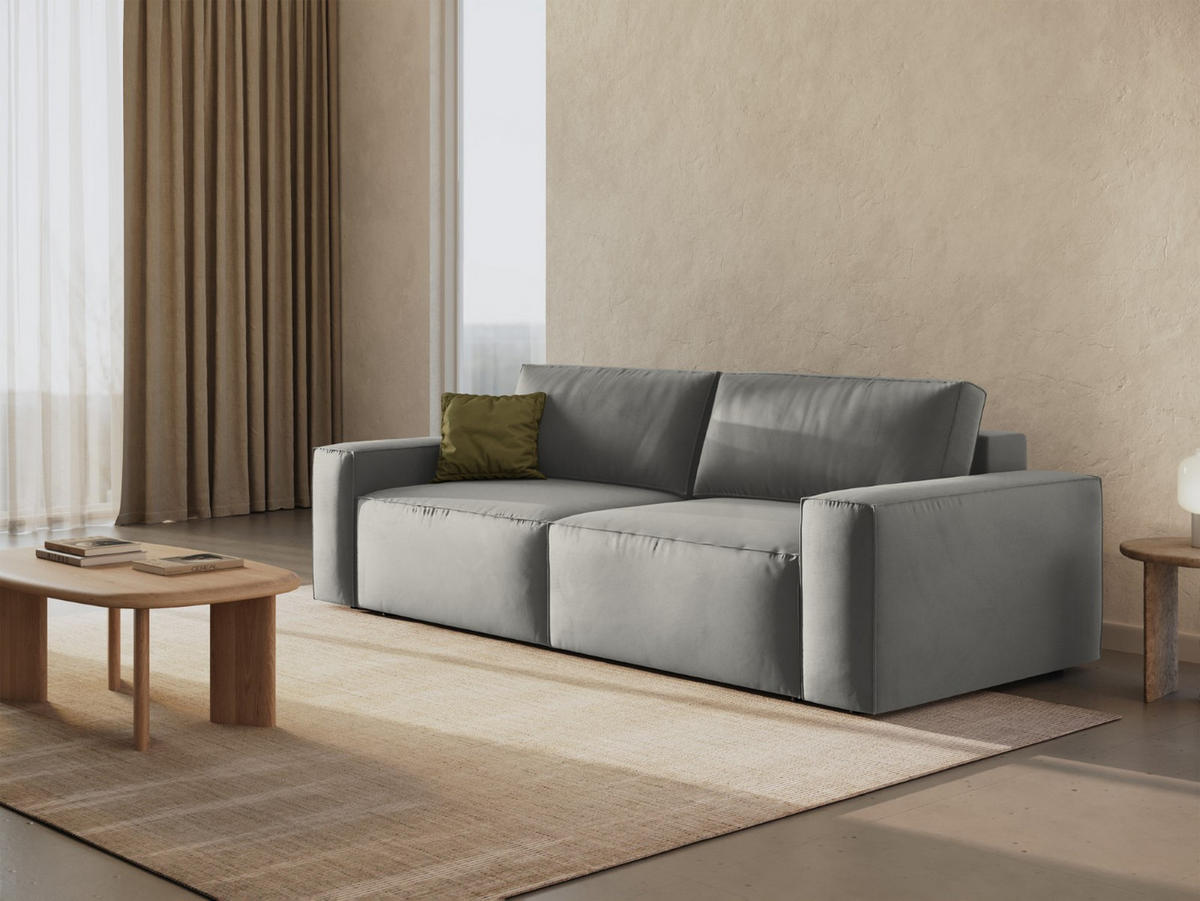 SOFA ausklappbar mit Bettkasten Jodie aus Samt hellgrau 3 Sitzplätze - Hellgrau, Textil (107/86/247cm) - Micadoni