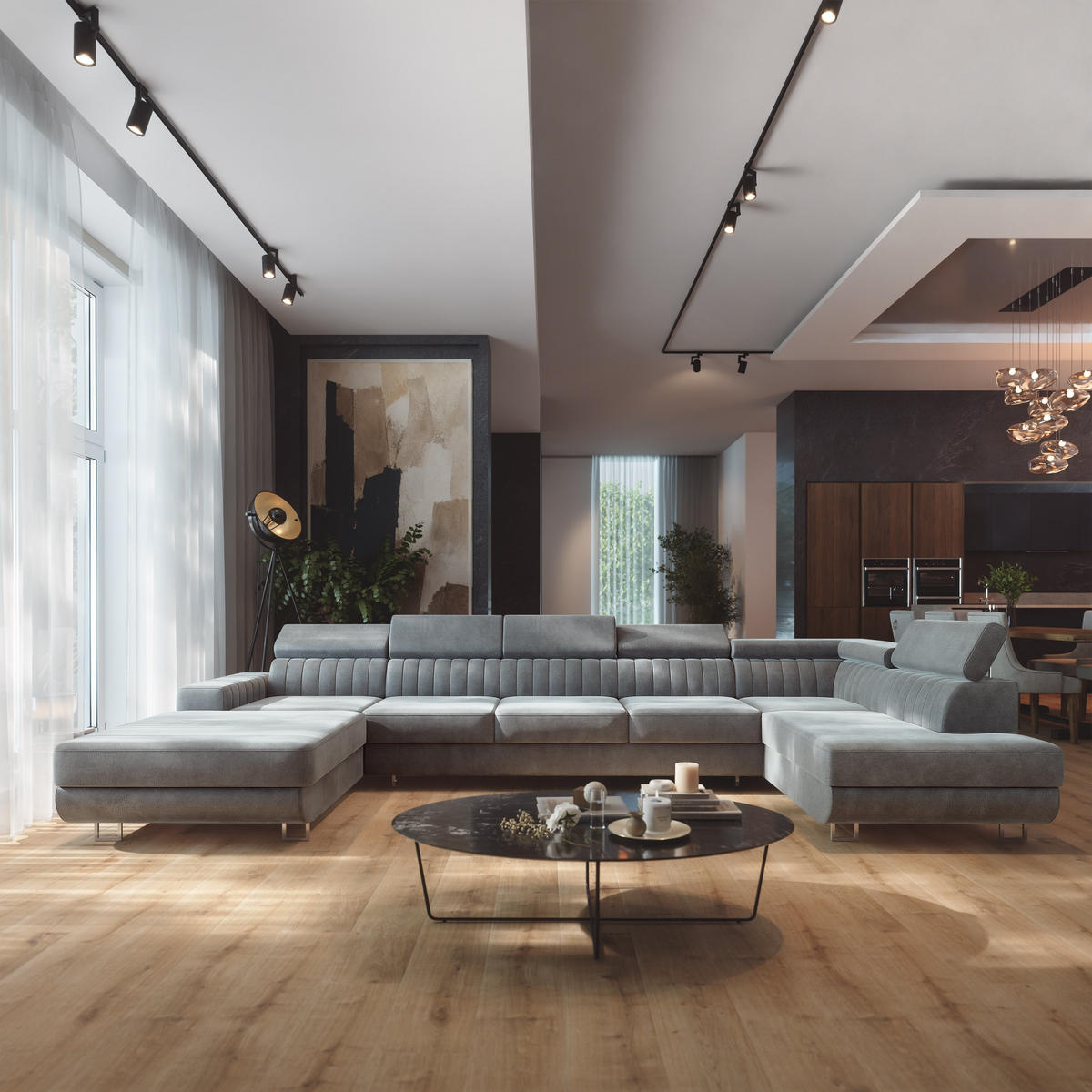 WOHNLANDSCHAFT GAIAN Hellgrau Velours-Stoff mit Schlaffunktion - Hellgrau, Holz (412/88/190cm) - MASSENO