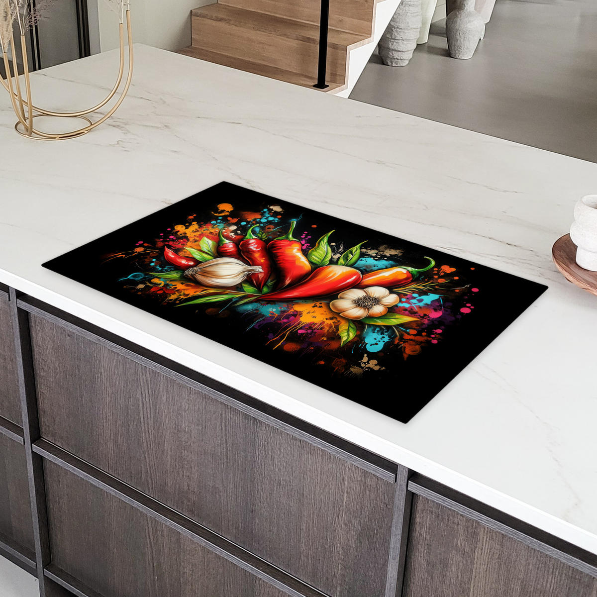 HERDABDECKPLATTE Gemüse - Paprika - Knoblauch - Graffiti - Farbe - Bunt 91x52 cm - Rot, Kunststoff (91.2/52/0.2cm) - MuchoWow