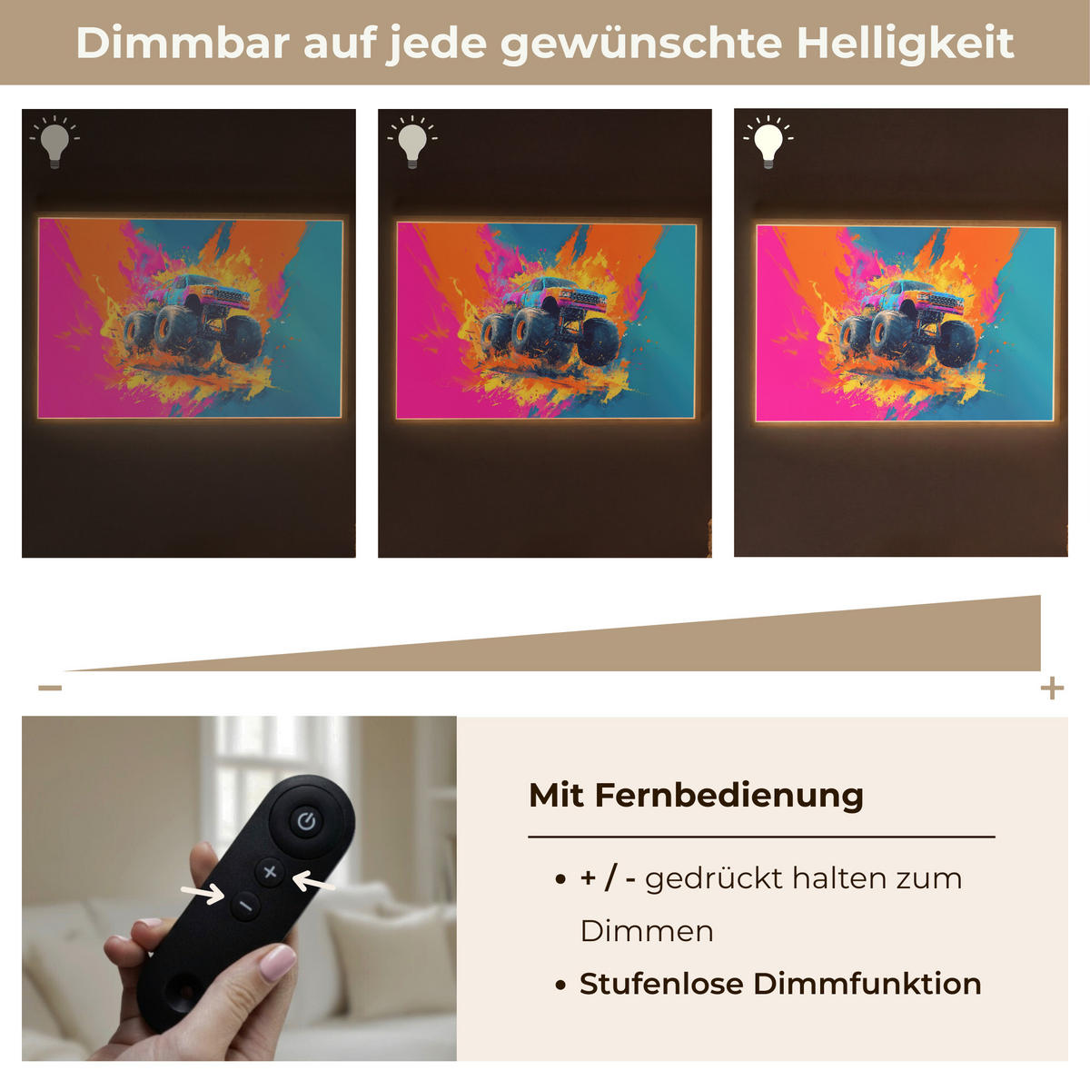NÁSTĚNNÁ LAMPA S AKUMULÁTOREM Monster truck - Abstraktní - Stříkající barva - Barevné 90x60 cm - růžová, kompozitní dřevo (90/60/8cm) - OnlyWow