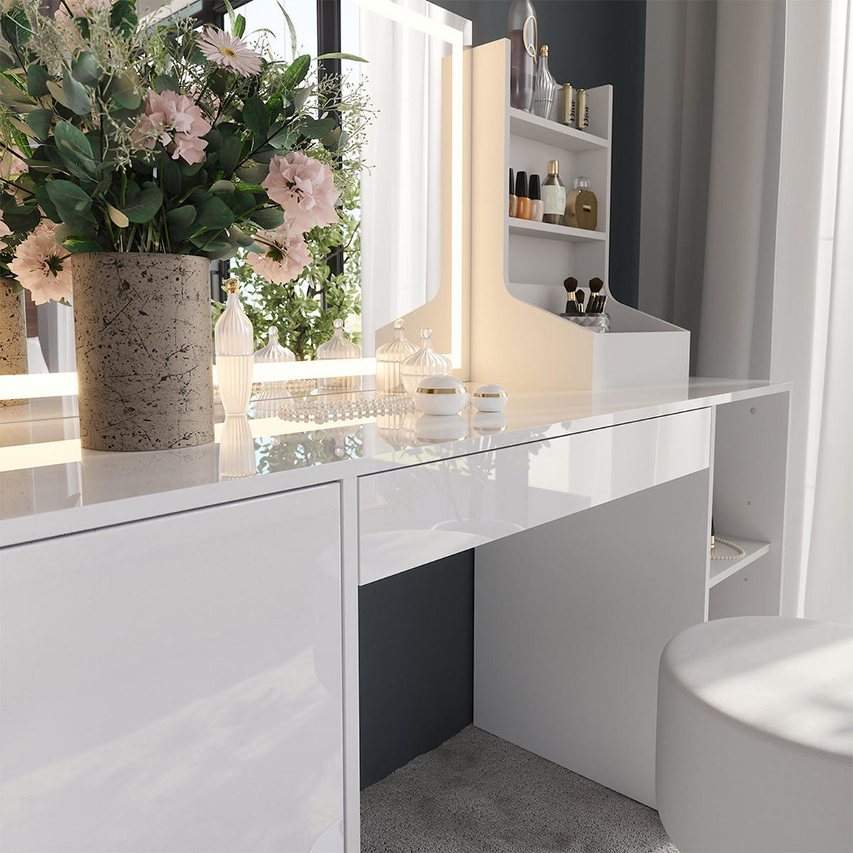 SCHMINKTISCH Sherry Weiß/Weiß Hochglanz 158.2 cm 4 Teile - Weiß Hochglanz, Holzwerkstoff (158.2/76/50.1cm) - Vicco