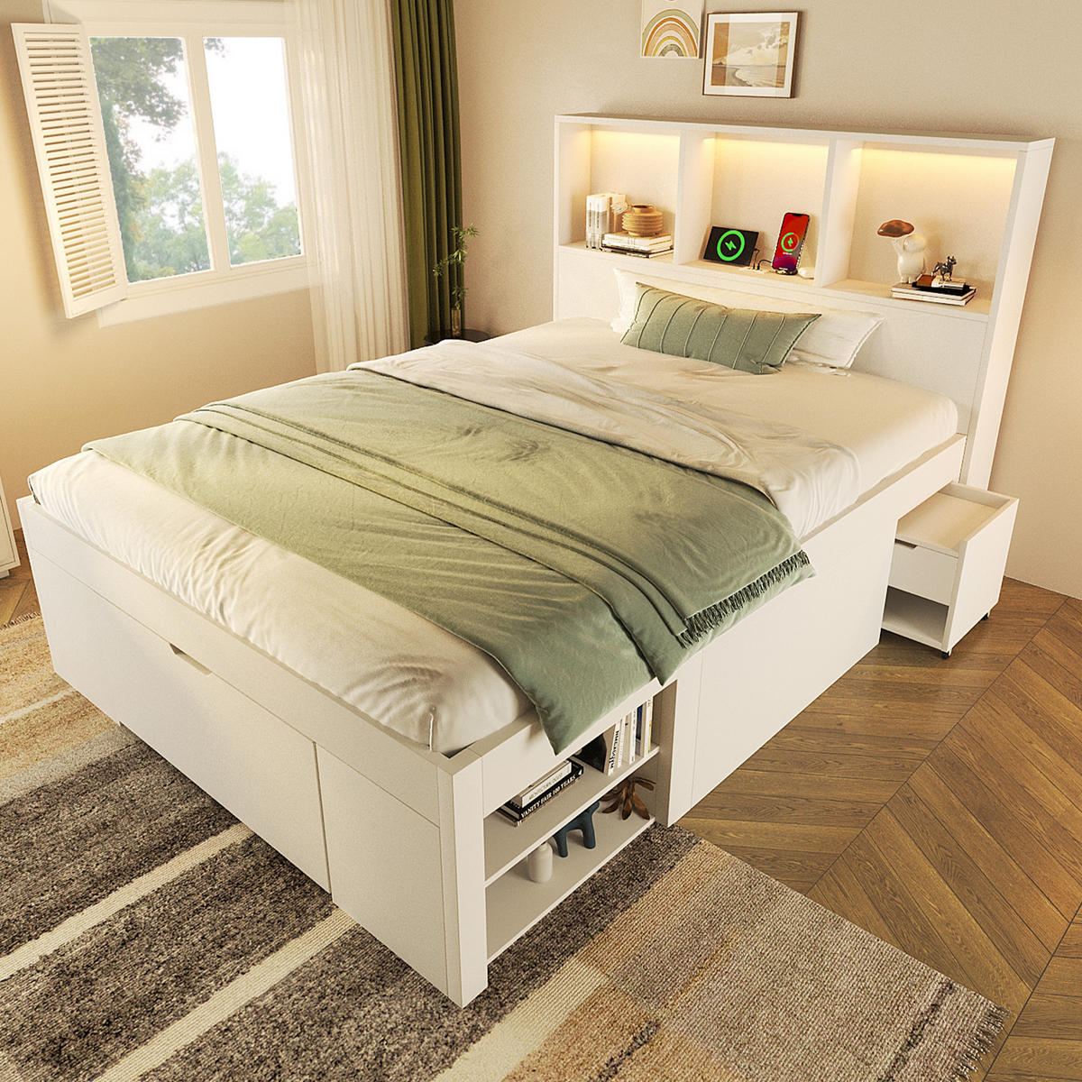 FUNKTIONSBETT 90/200 cm mit LED-Beleuchtung, USB-C, Stauraum und beweglichem Nachttisch aus Holz, Weiß - Weiß, Holzwerkstoff (90/200cm) - Redom