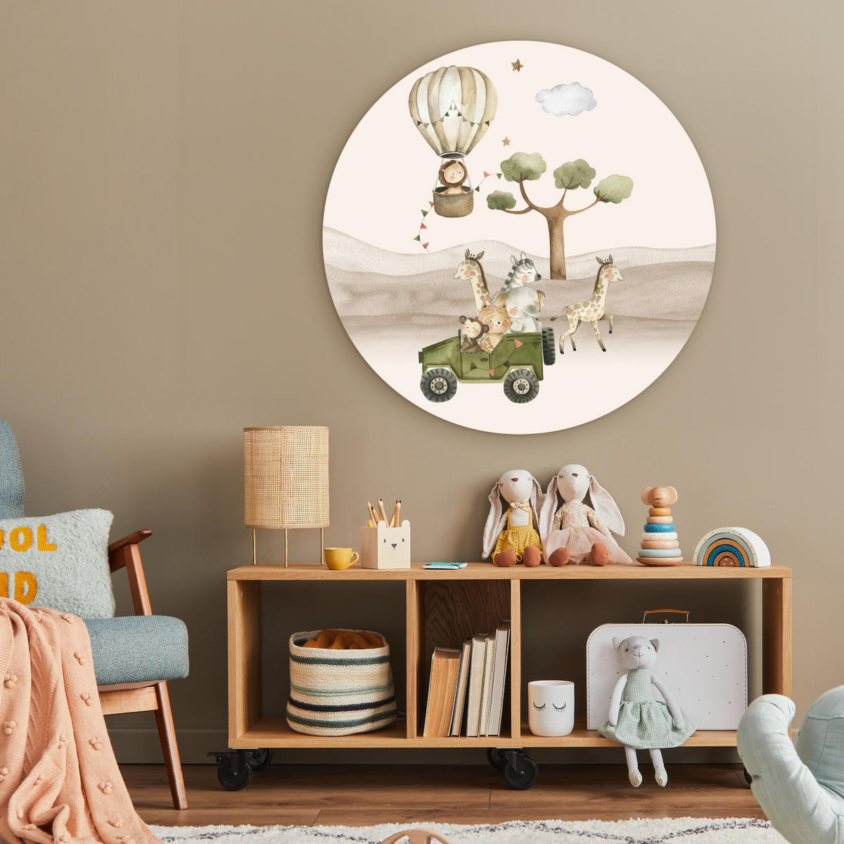 WANDBILD Wilde Tiere - Safari - Aquarell - Heißluftballon 90x90 cm - Beige, Kunststoff (90/90cm) - MuchoWow