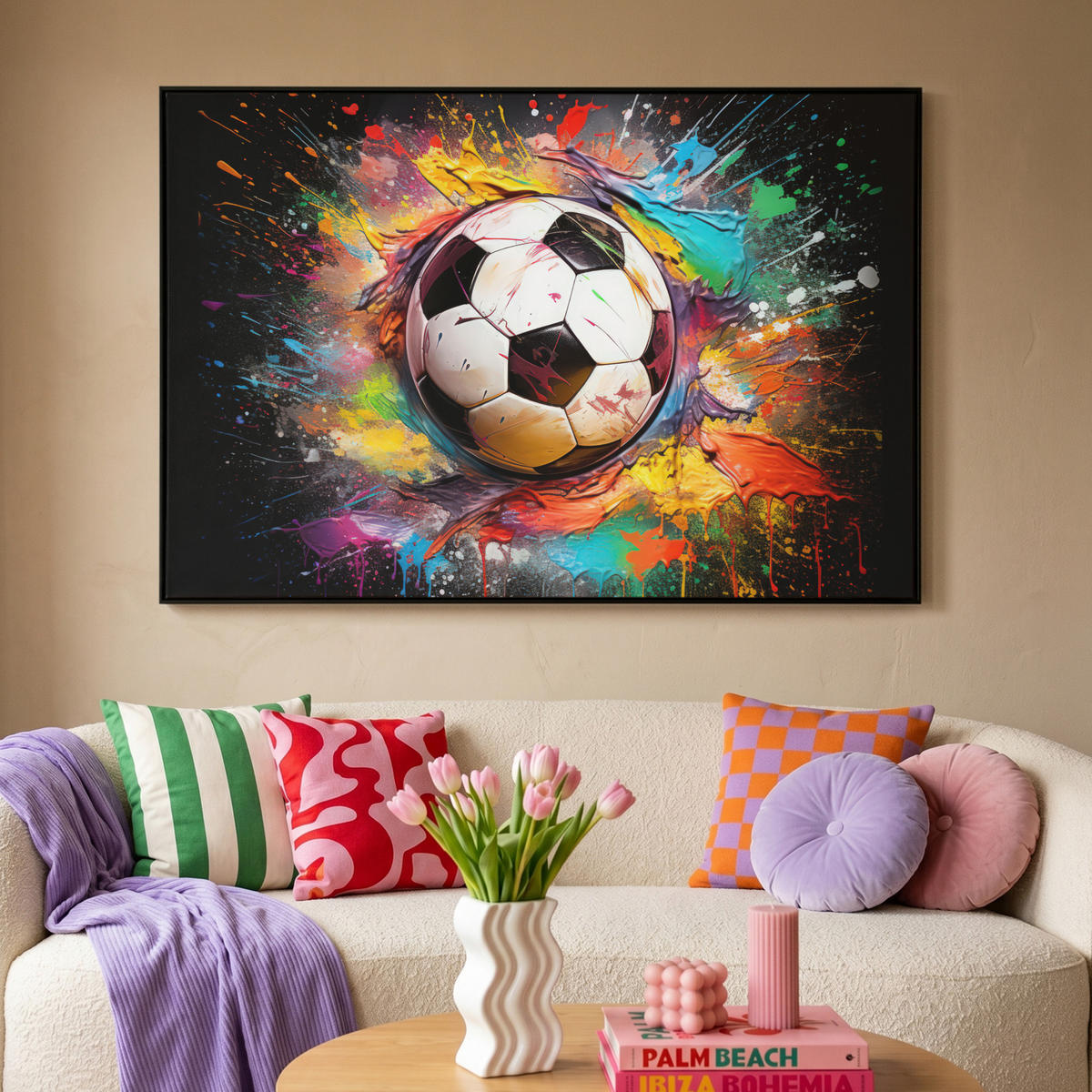 LEINWAND Bilder mit Rahmen - Fußball - Farbe - Farben - Schwarz - Weiß - 150x100 - Weiß, Textil (150/100cm) - MuchoWow