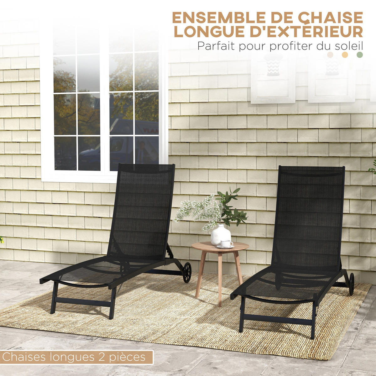 SONNENLIEGE 2er-Set DE-15618 mit Rollen, 5-fach verstellbar Schwarz - Schwarz, Metall (165/102/66cm) - ComfortXL