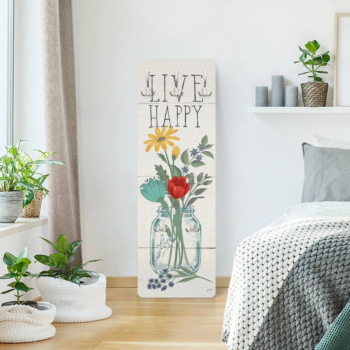 WANDGARDEROBE - Live Happy Blumenvase auf Holz 34/105 cm - Multicolor, Holzwerkstoff (34/105/1.6cm) - Bilderwelten