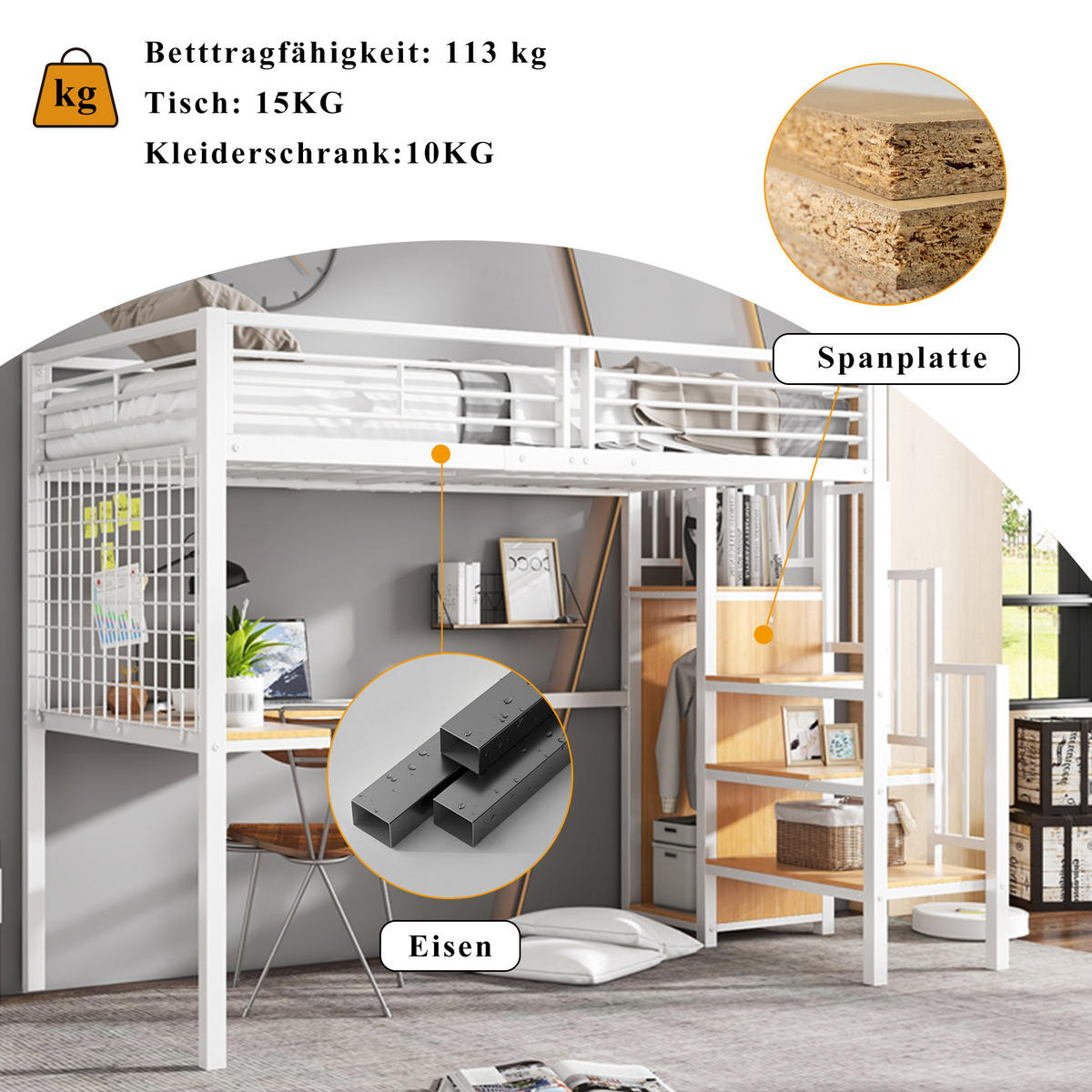 HOCHBETT 90x200 cm Tisch Schrank weiß - Weiß, Holzwerkstoff (90/200cm) - LEBENLANG