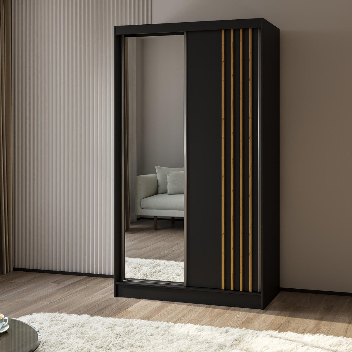 SCHWEBETÜRENSCHRANK NELVIA 120/216/61 cm 2-türig mit Spiegel Schwarz - Schwarz, Holzwerkstoff (120/216/61cm) - MASSENO