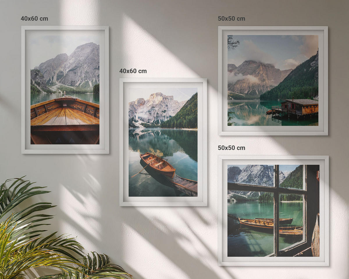 WANDBILDER 4er-Set - 50x50 cm & 40x60 cm Weißer Rahmen - See, Berge, Boote, Hütte, Fenster - Weiß, Kunststoff (50/50cm) - ArtPrintCave