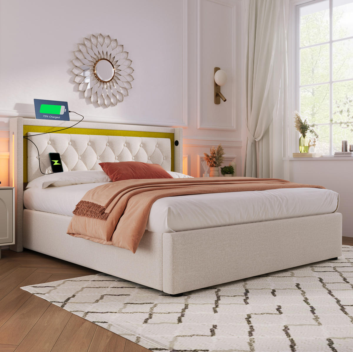POLSTERBETT mit LED-Beleuchtung 160/200 cm mit Bettkasten und USB-C - Beige, Textil (160/200cm) - BEAOK