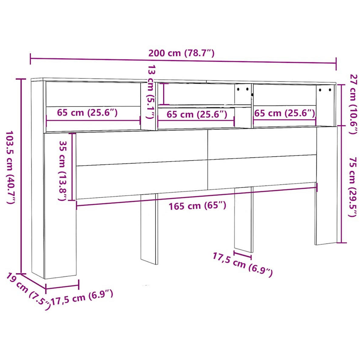 KOPFTEIL mit Ablagen, 200/19/103,5 cm, aus Holzwerkstoff, in Weiß - Weiß, Holz (19/103.5/200cm) - vidaXL