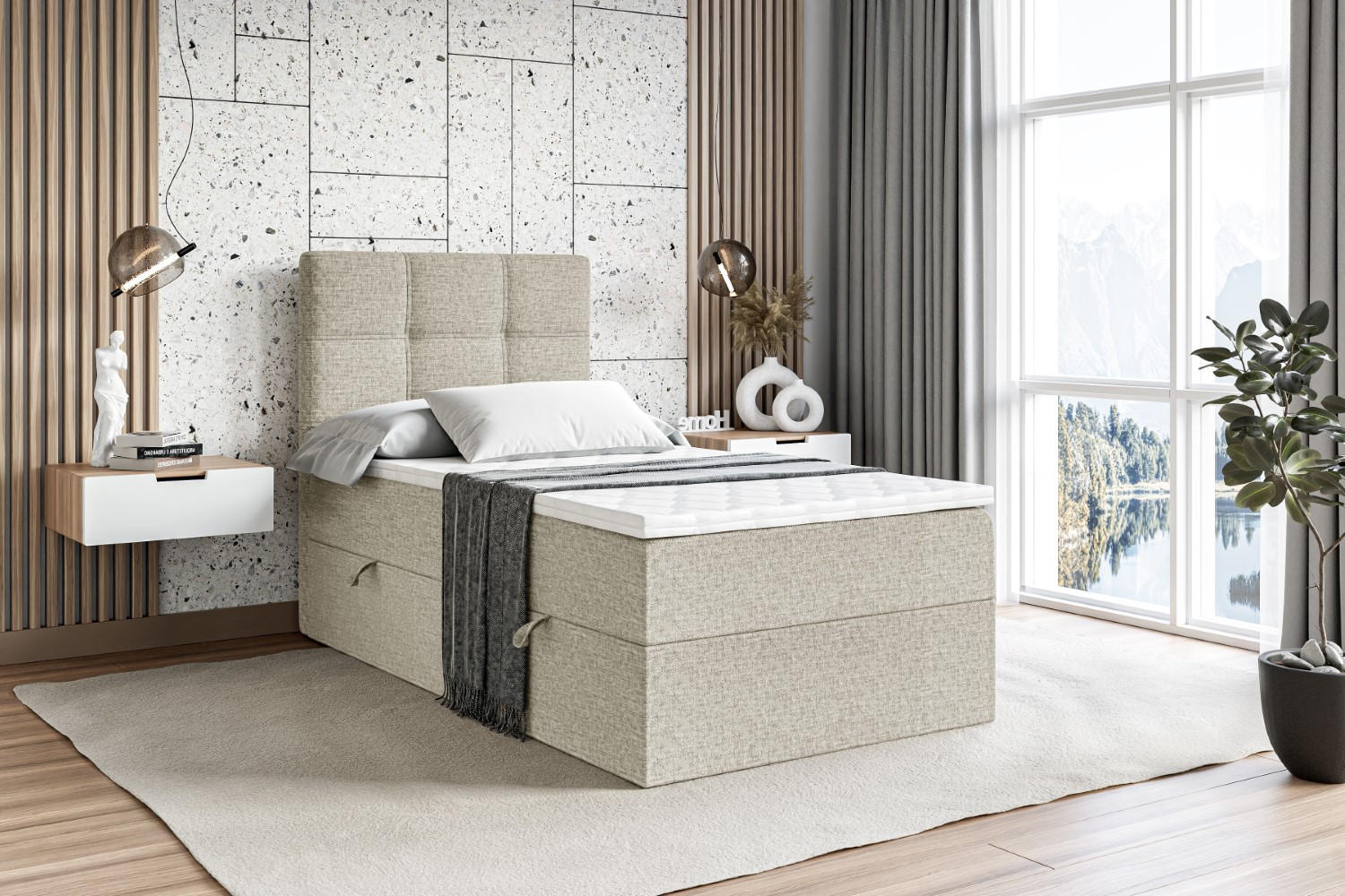 BOXBETT mit Matratze H3 und Lattenrost - MARCE - 90x200 - Links Beige - Beige, Holzwerkstoff (90/200cm) - ALTDECOR