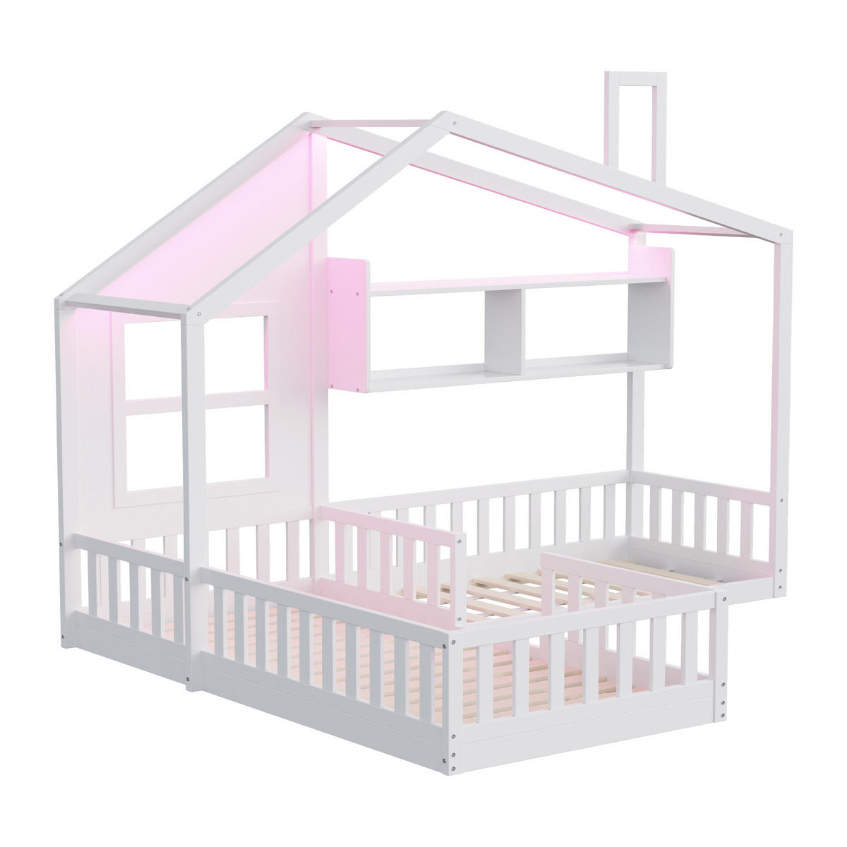 KINDERBETT 90/200 cm DE-01547, in Weiß, mit LED, Regalen und Sicherheitsgitter - Weiß, Holz (90/200cm) - ComfortXL