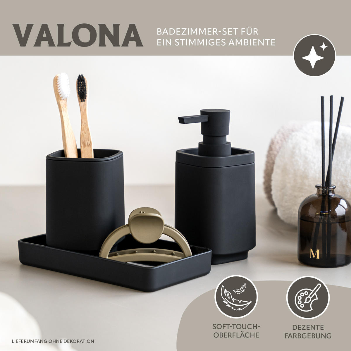 BAD-ACCESSOIRES-SET VALONA, Soft-Touch, schwarz - Schwarz, Kunststoff (18/2.5/9.5cm) - eluno
