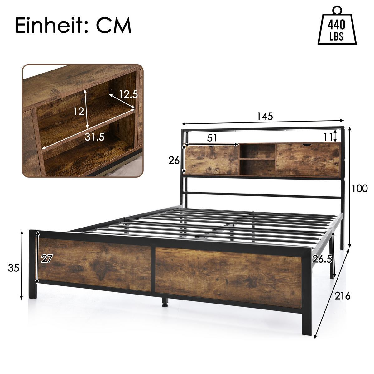 BETT 140/200 cm mit Stauraum und Holzmaserung - Naturfarben, Metall (140/200cm) - OKWISH