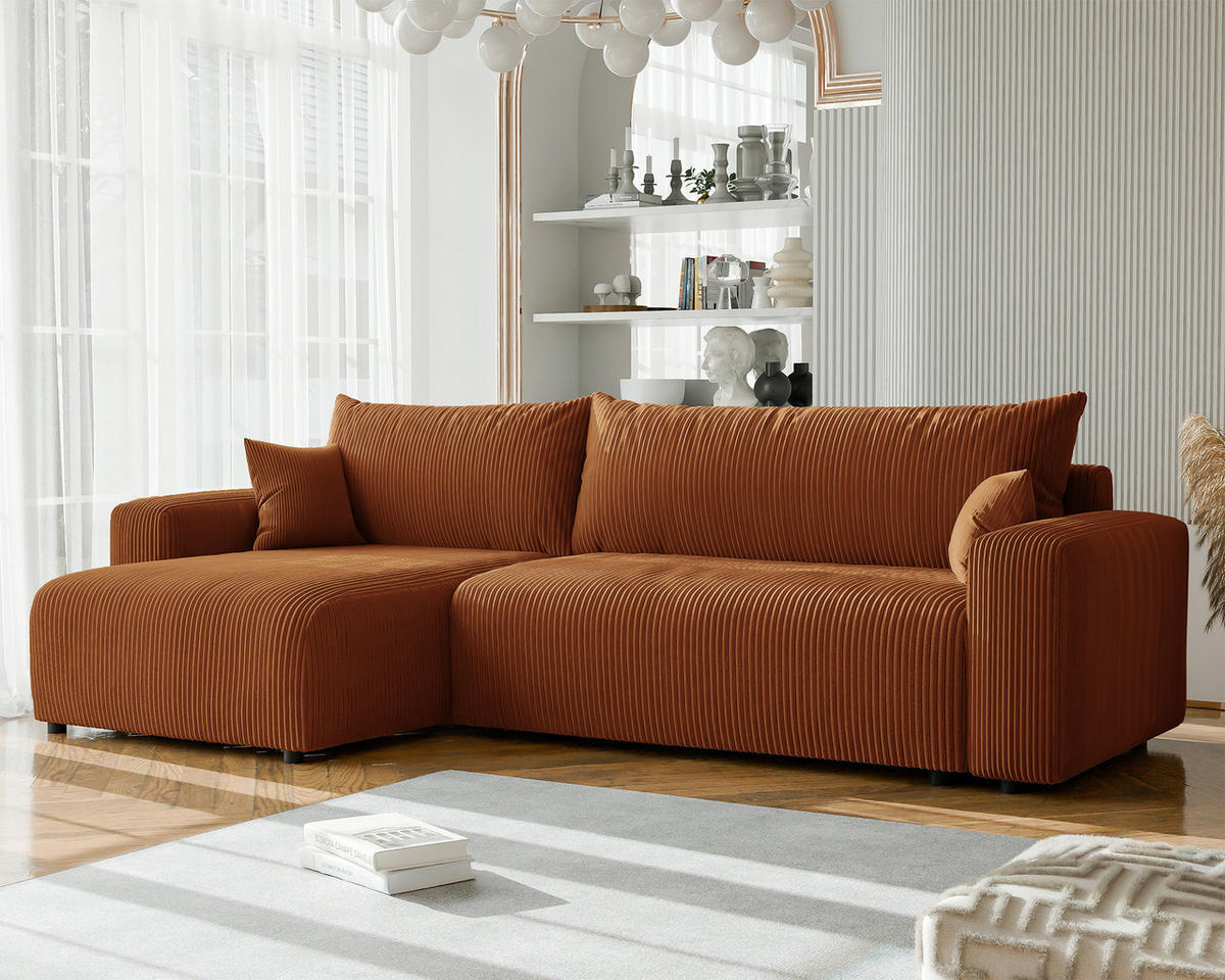 ECKSOFA mit Schlaffunktion und Bettkasten, Orange - Orange, Holzwerkstoff/Textil (145/278cm) - Idohome