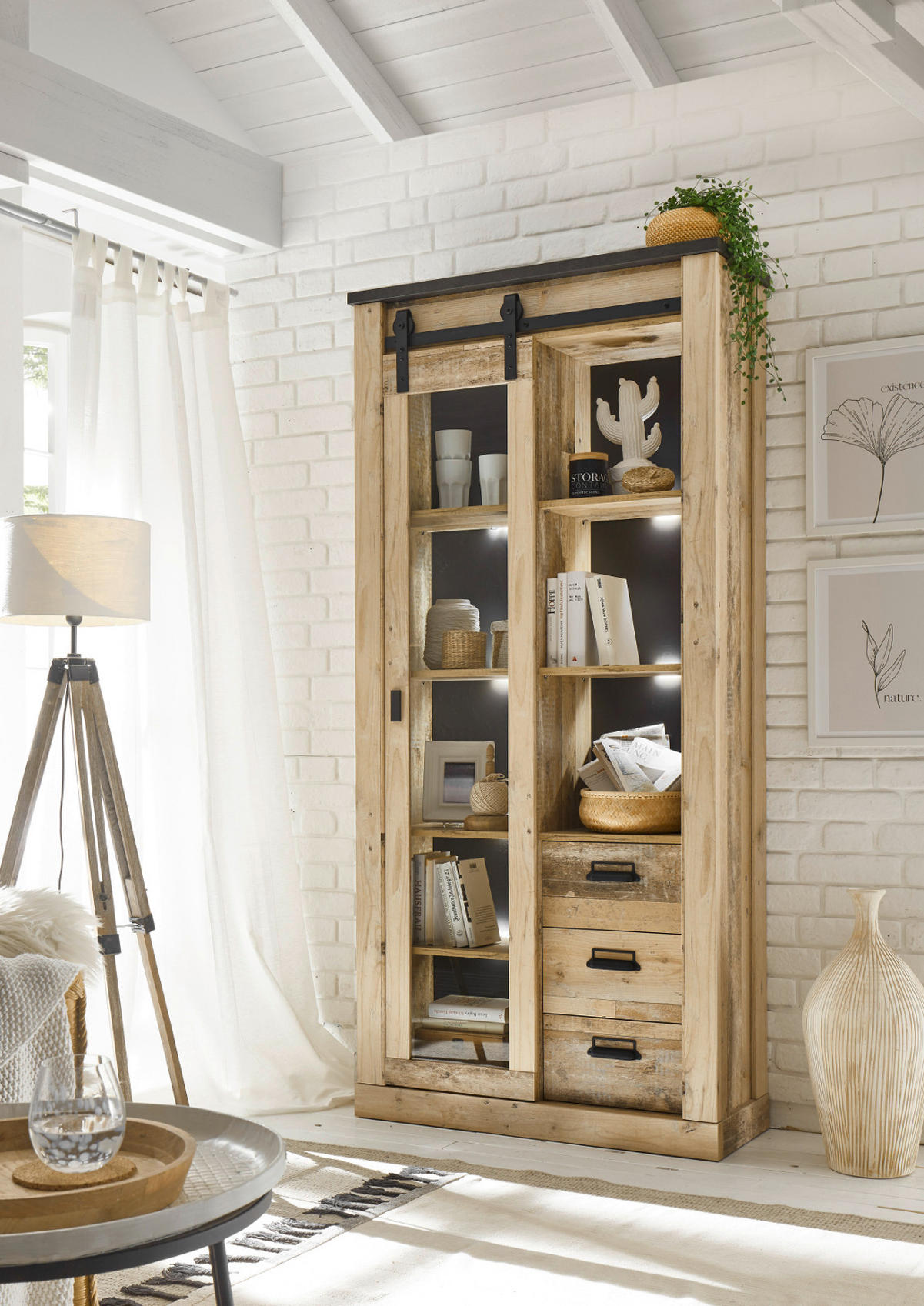 VITRINE Used Wood hell, anthrazit, Vitrinenschrank mit Schiebetür - Anthrazit/Schwarz, Glas/Holzwerkstoff (93/201/38cm) - Furn.Design