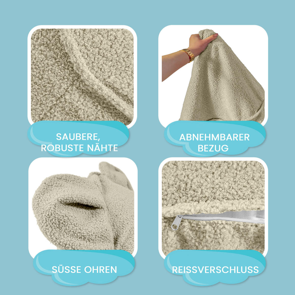SITZSACK FÜR KINDER Maus 75/75/55 cm, weicher Bouclé 315 g/m², abnehmbarer Bezug, Toasted Almond - Beige, Textil (75/55/75cm) - Dreamroots