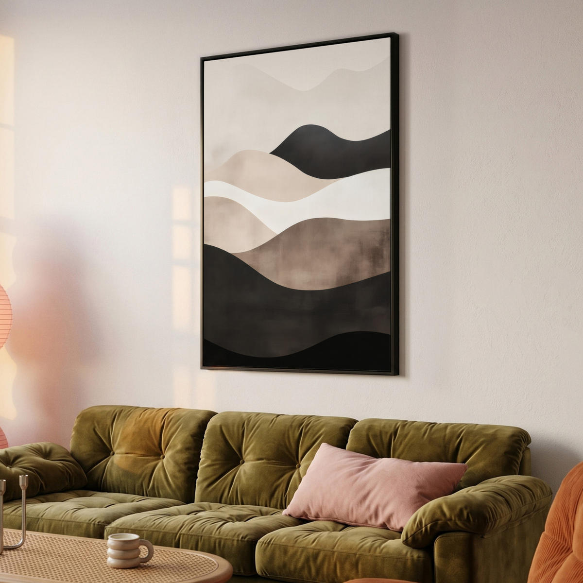 LEINWAND Bilder mit Rahmen - Abstrakt - Landschaft - Wellen - Cremefarben - 100x150 - Cappuccino, Textil (100/150cm) - MuchoWow