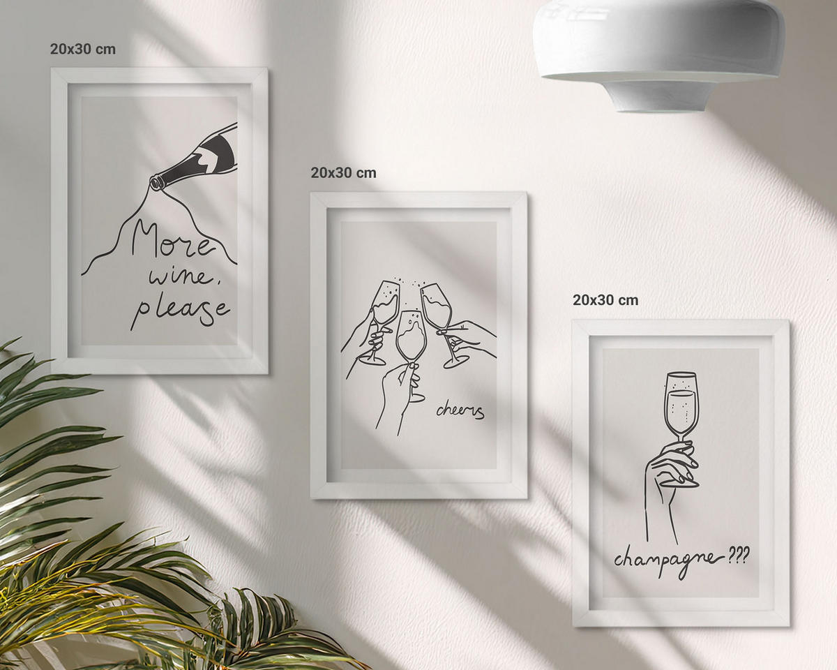 WANDBILDER 3er-Set - 20x30 cm Weißer Rahmen - Champagner-Wein-Linienzeichnung - Weiß, Kunststoff (20/30cm) - ArtPrintCave