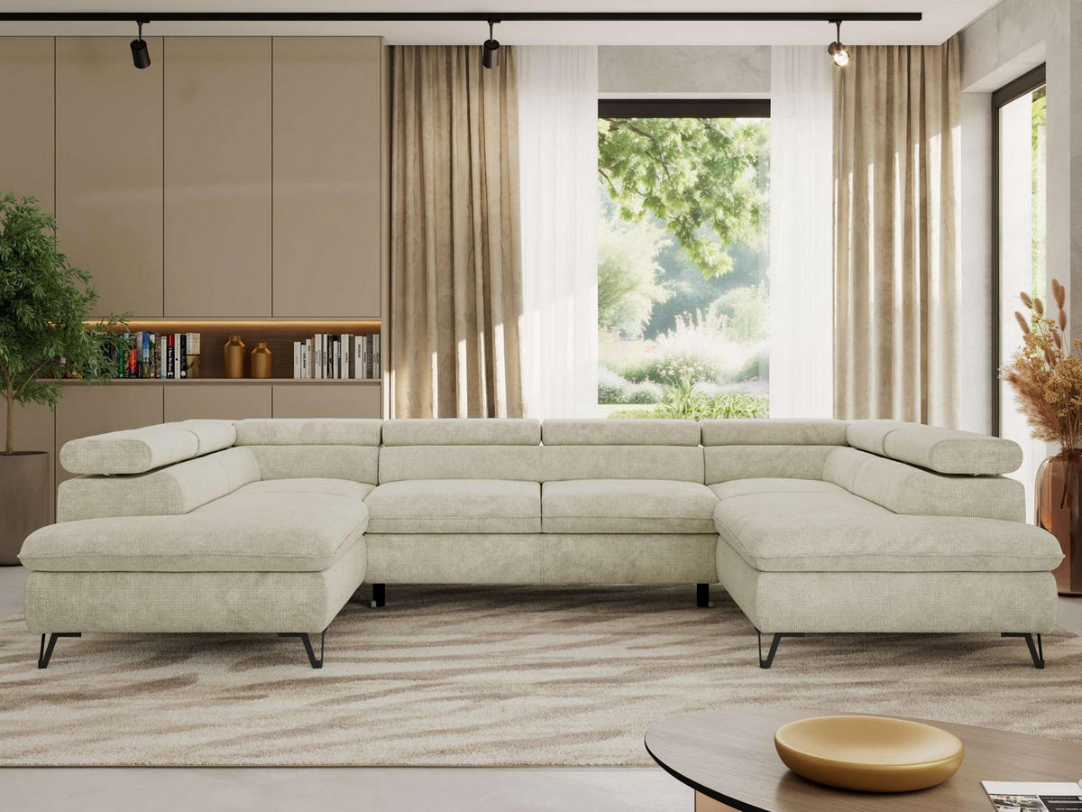 WOHNLANDSCHAFT PABLO U Schenille grob gewebt Creme mit Topper T25 - Creme/Schwarz, Textil/Metall (346/76/208cm) - MKS