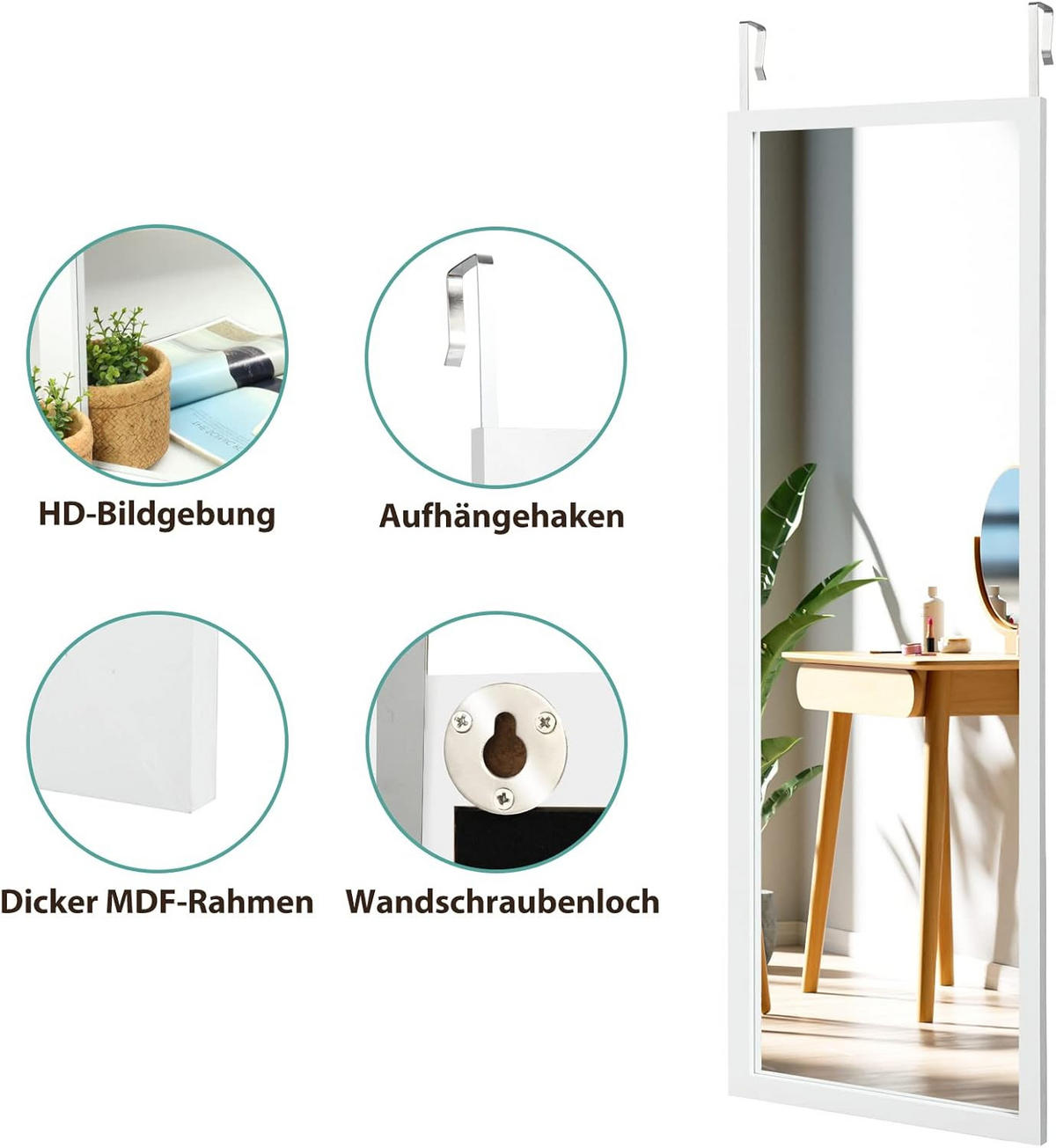 WANDSPIEGEL Türspiegel Weiß - Weiß, Glas (120/37/2cm) - COSTWAY