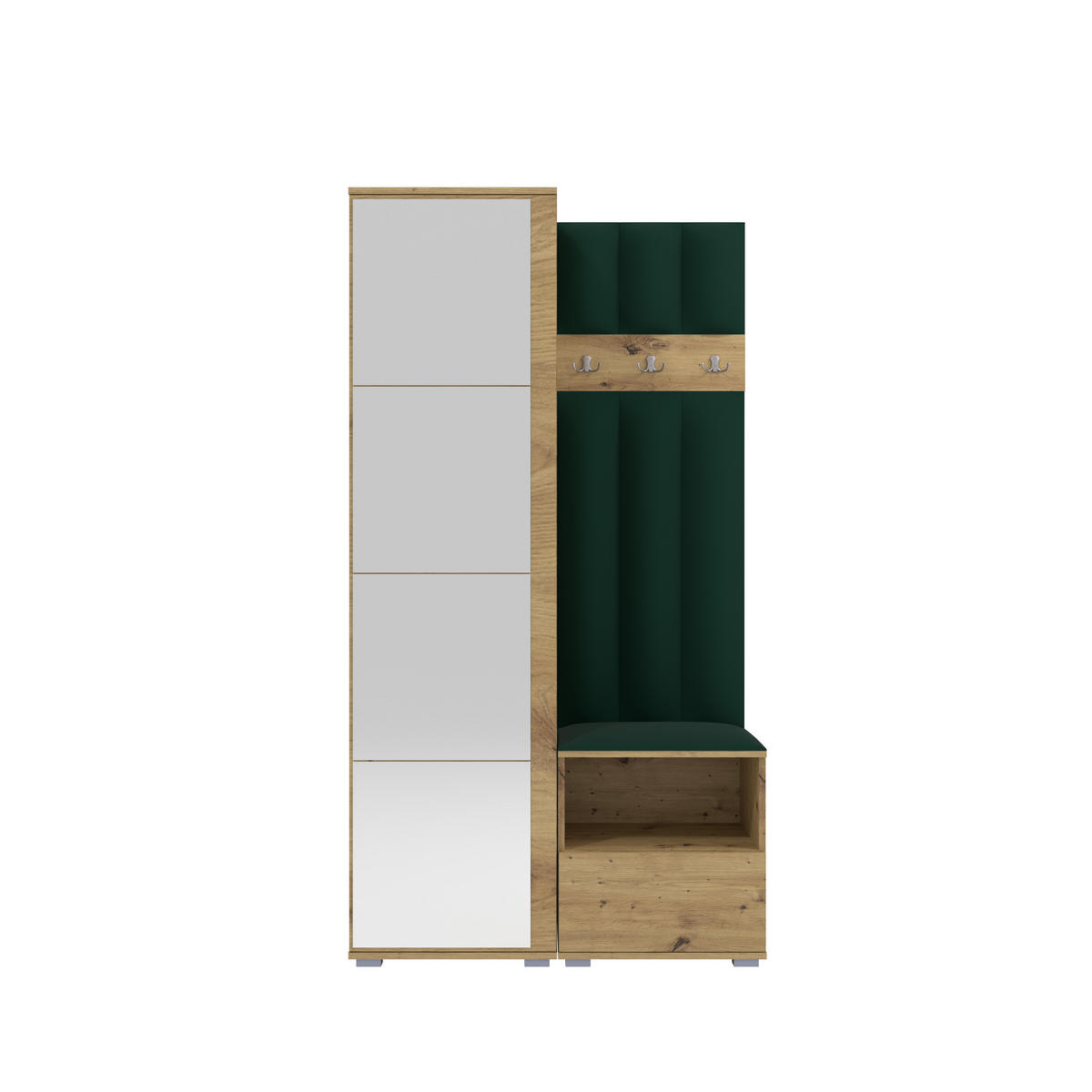 GEPOLSTERT Garderoben-Set Nela I LUX (Spiegel – Farbe Eiche Artisan + Stoff Trinity 28) - Dunkelgrün/Silberfarben, Holz/Holzwerkstoff (100/187/40cm) - Ravio